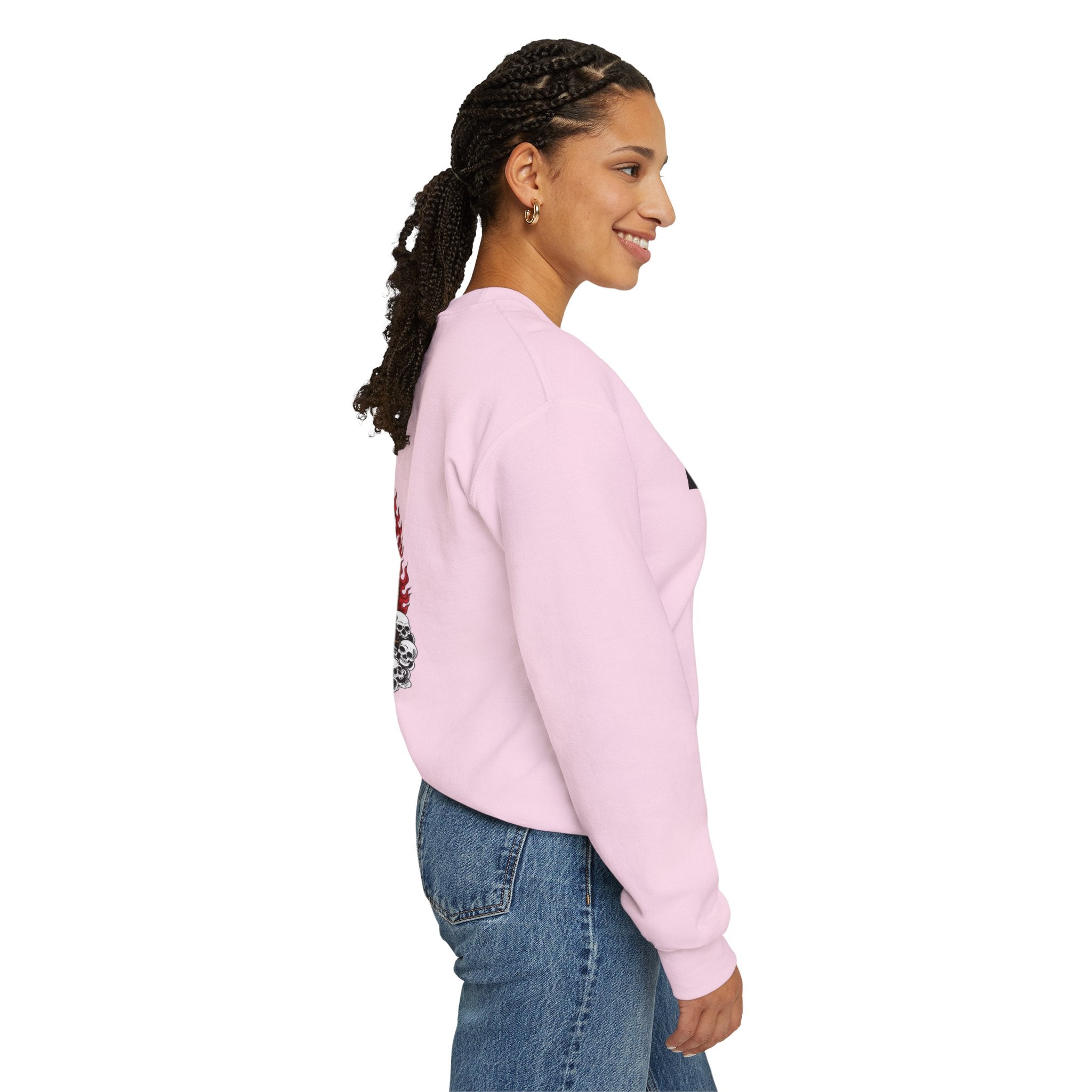 Tiger King Crewneck Sweatshirt — Flaming Tiger on Skulls Graphic