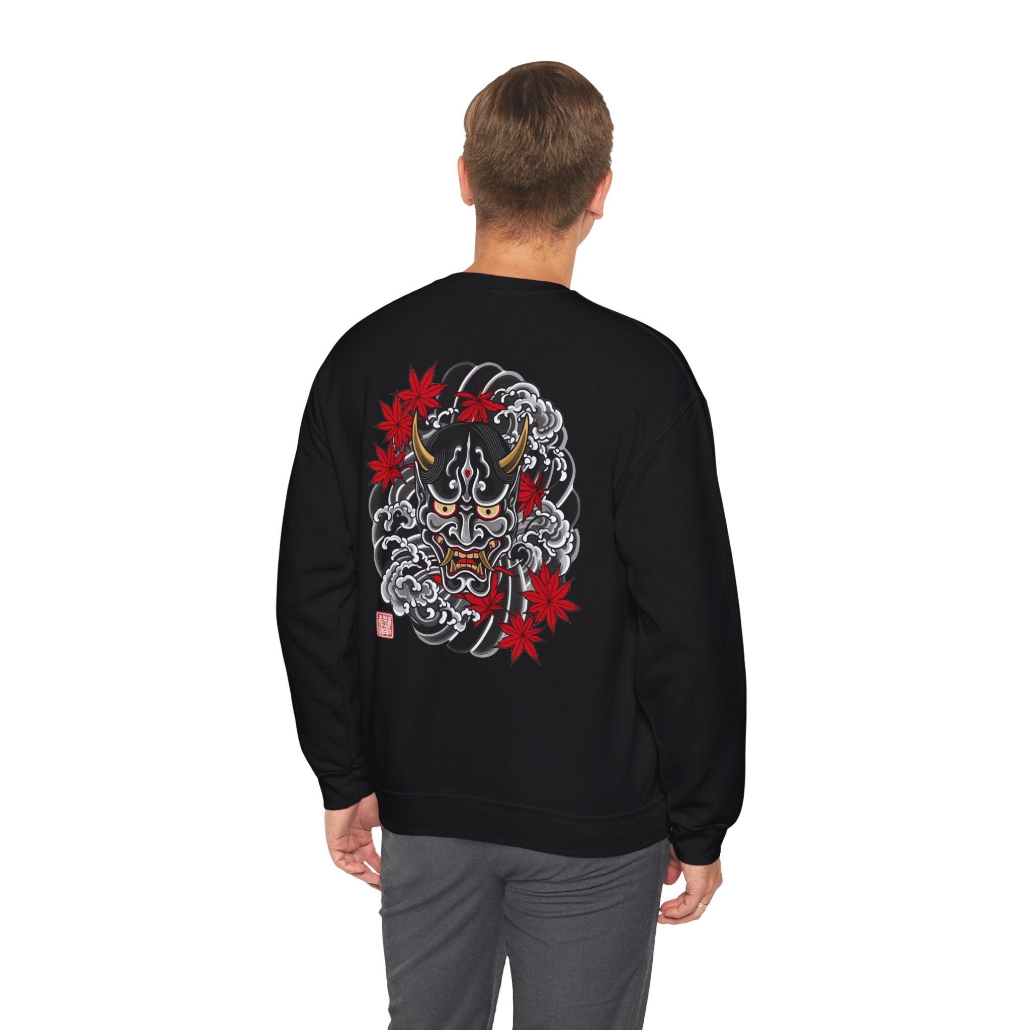 Hannya Demon Crewneck Sweatshirt — Japanese Mask & Maple Leaf Graphic