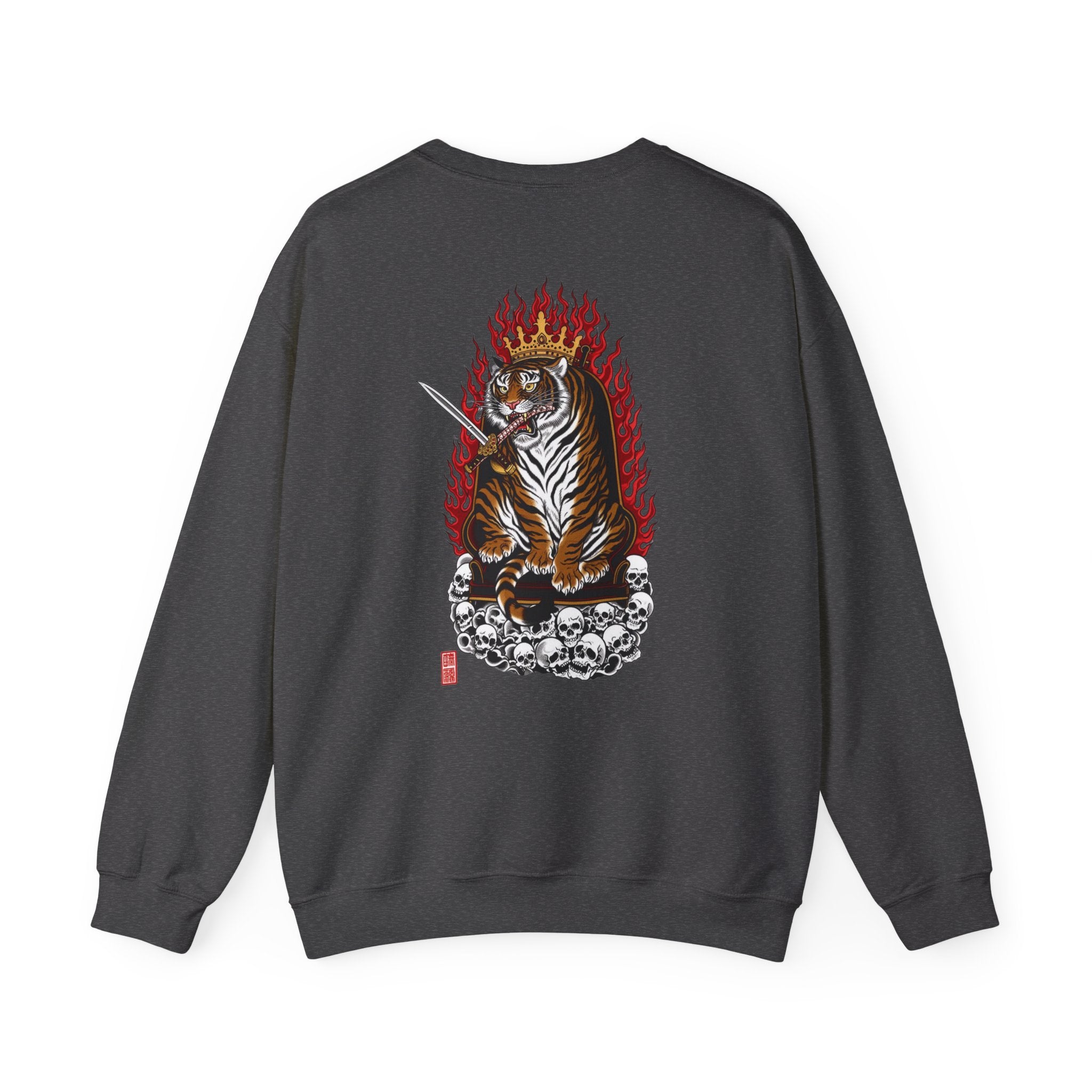 Tiger King Crewneck Sweatshirt — Flaming Tiger on Skulls Graphic
