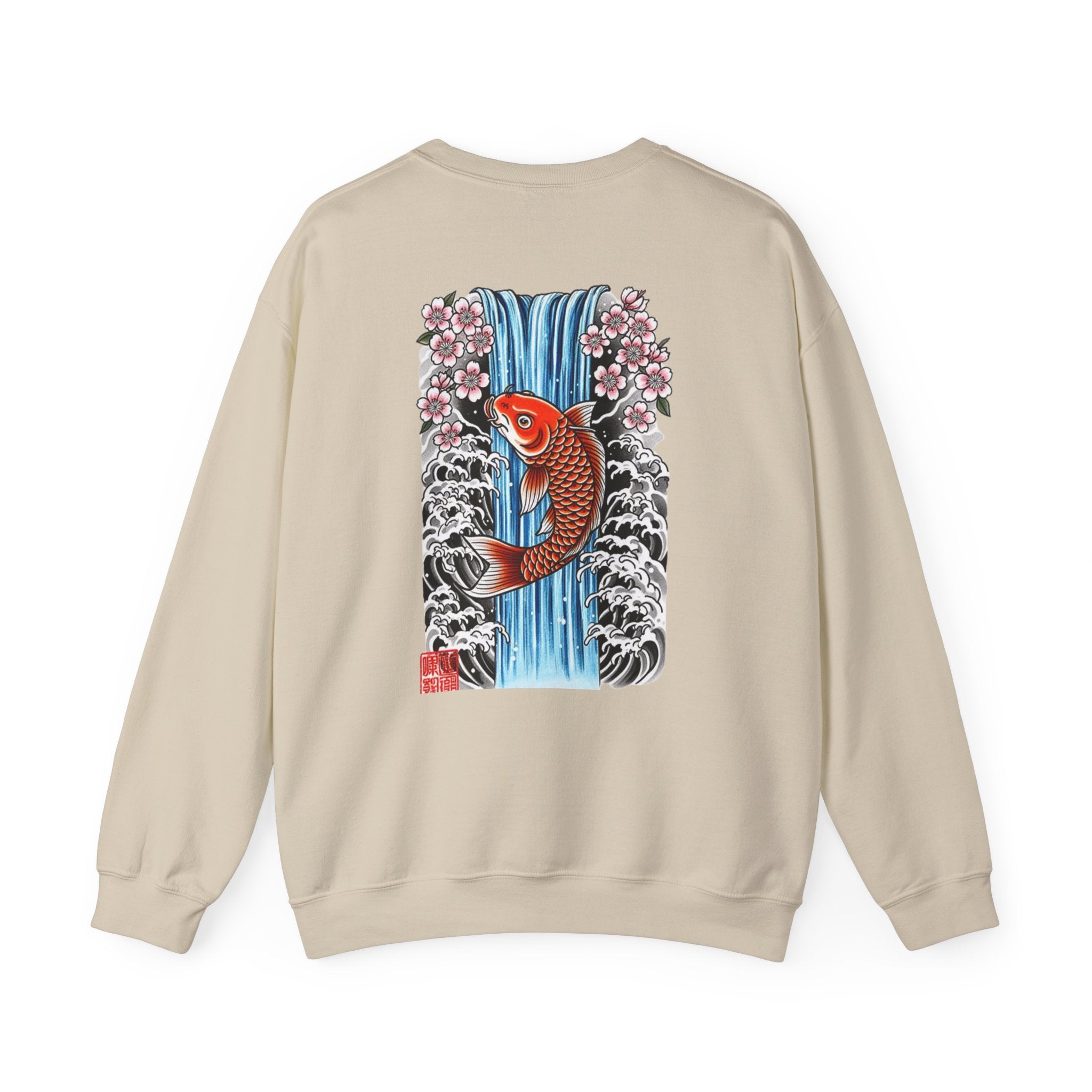 Koi Waterfall Crewneck Sweatshirt — Japanese Koi & Cherry Blossom Back Graphic