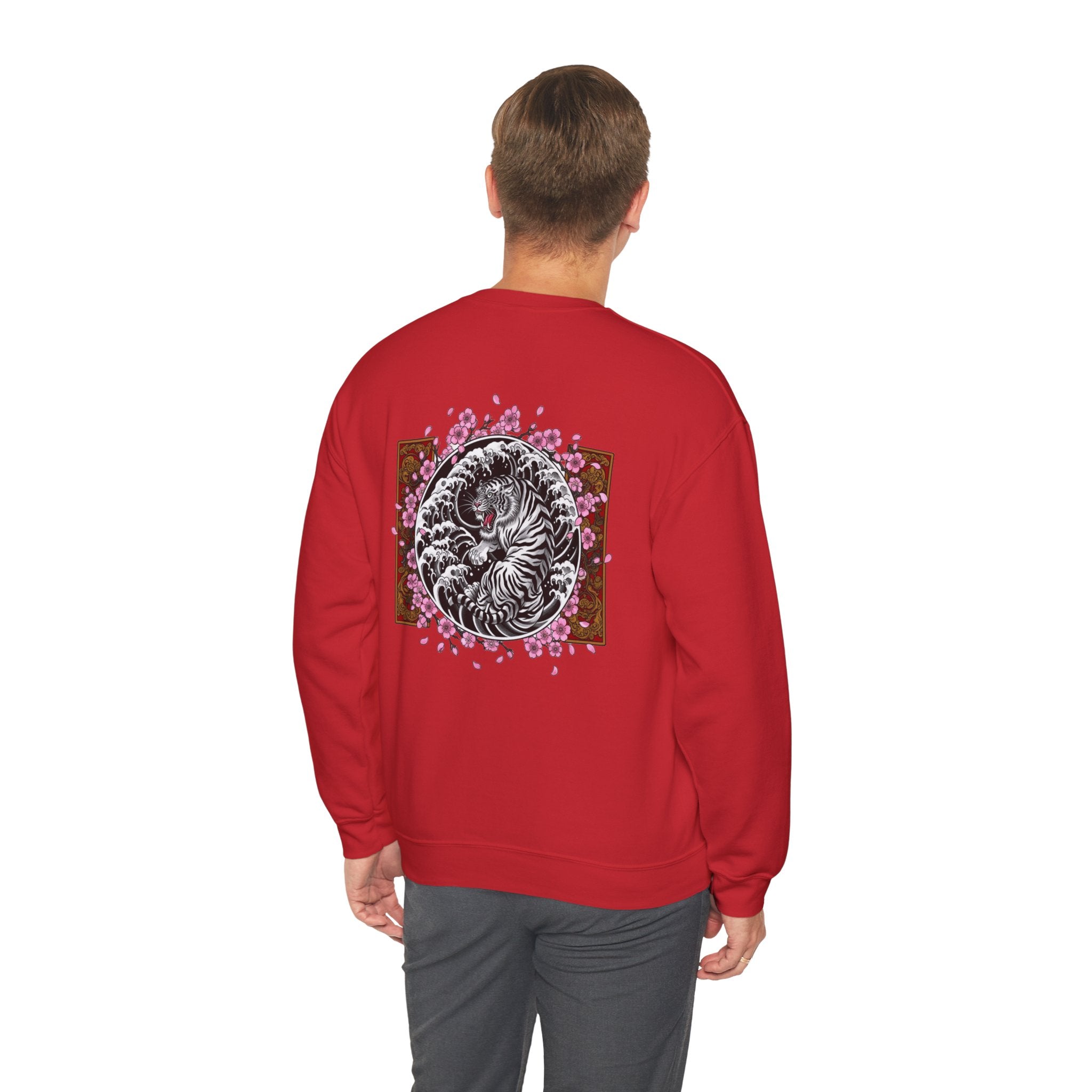 Crewneck Sweatshirt — Yin Yang Tiger with Cherry Blossoms Graphic