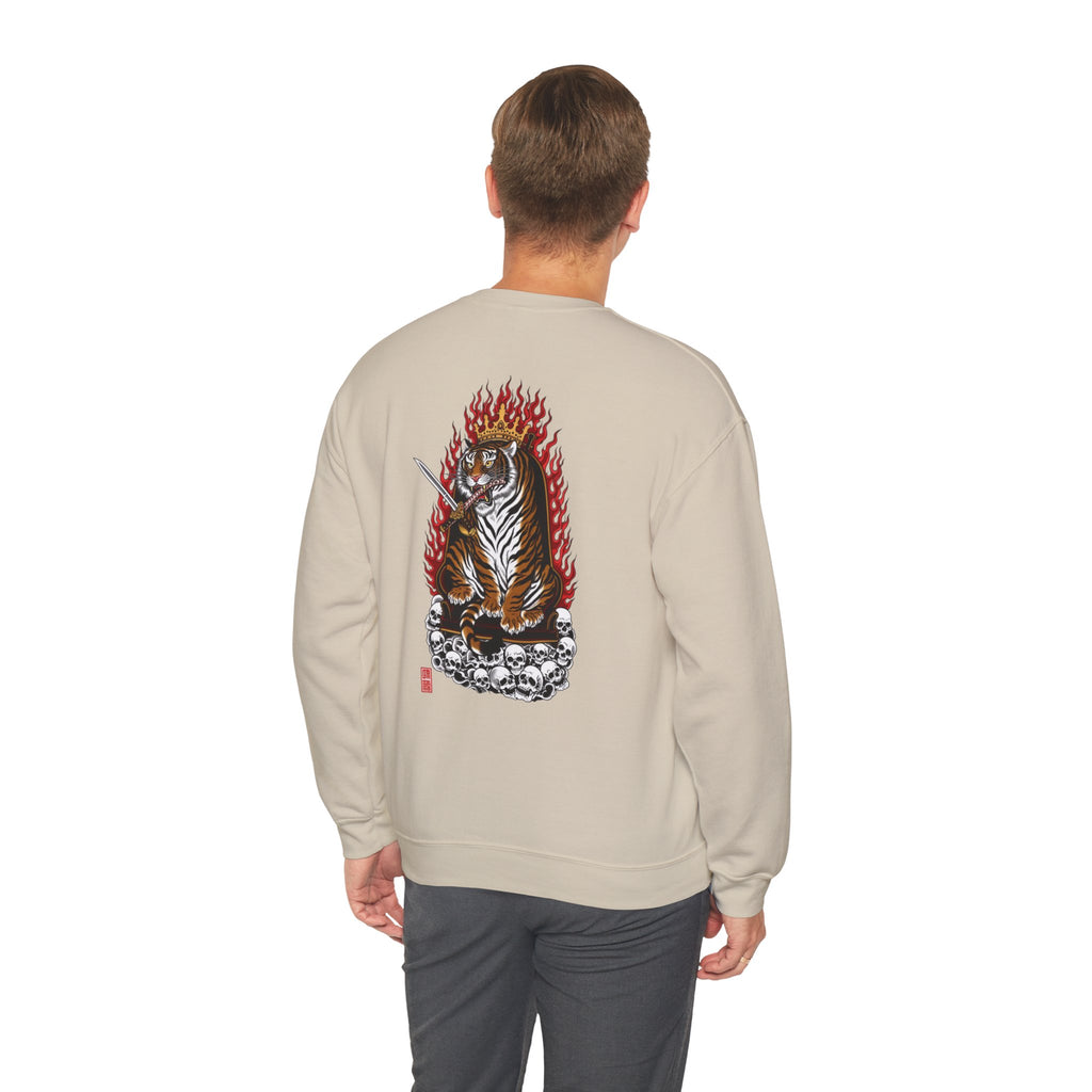 Tiger King Crewneck Sweatshirt — Flaming Tiger on Skulls Graphic