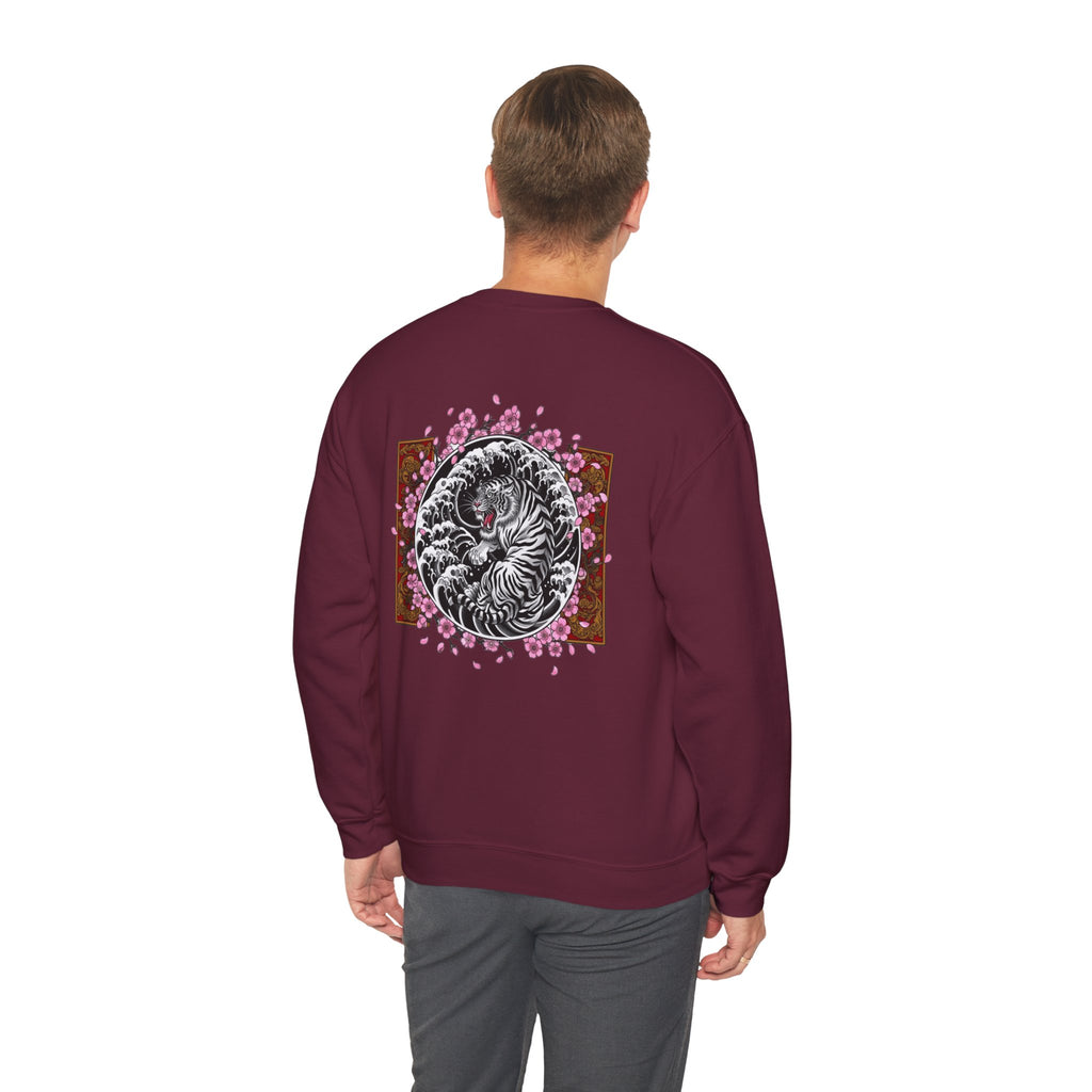 Crewneck Sweatshirt — Yin Yang Tiger with Cherry Blossoms Graphic