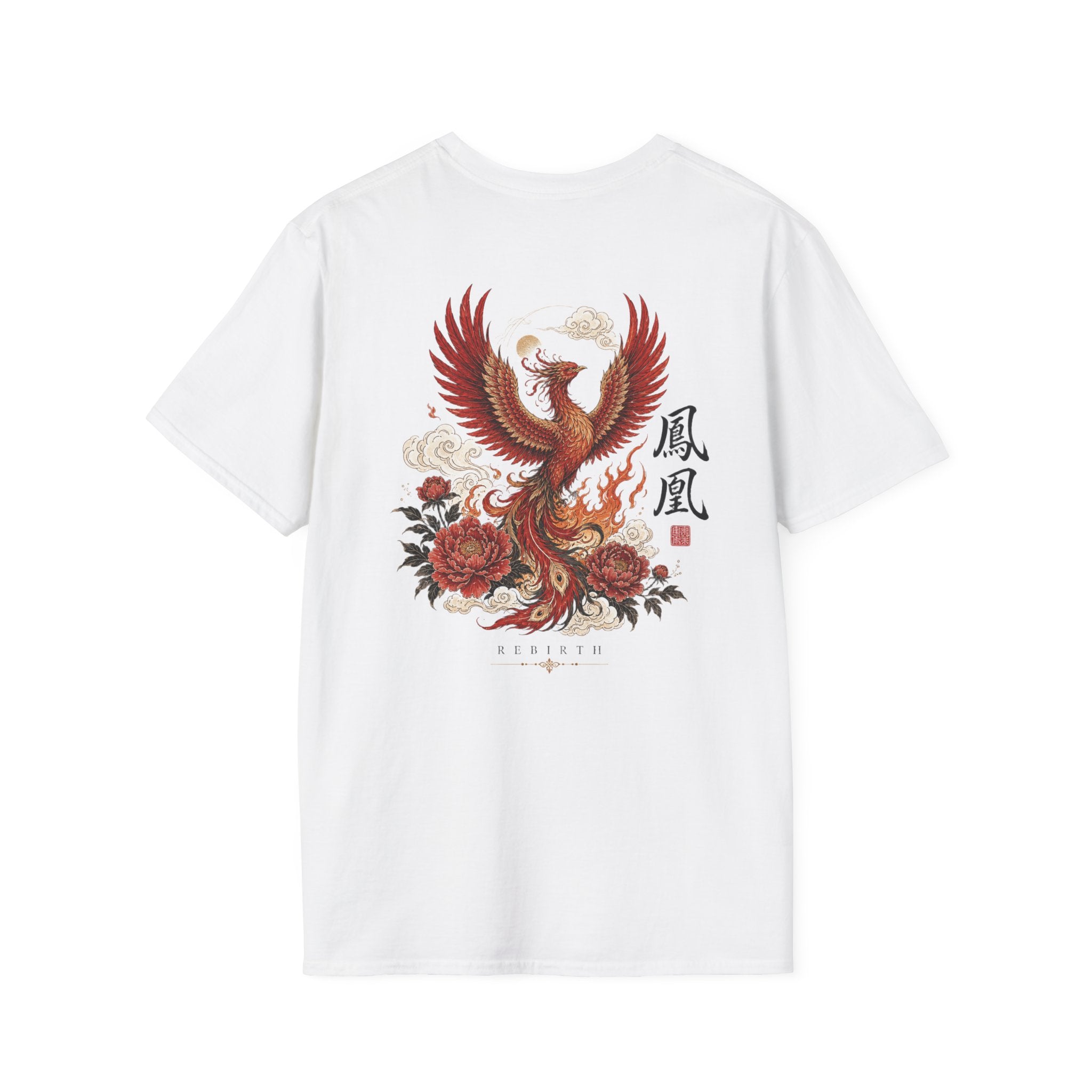Phoenix Floral T-Shirt — Rising Phoenix Graphic Tee with Asian Calligraphy