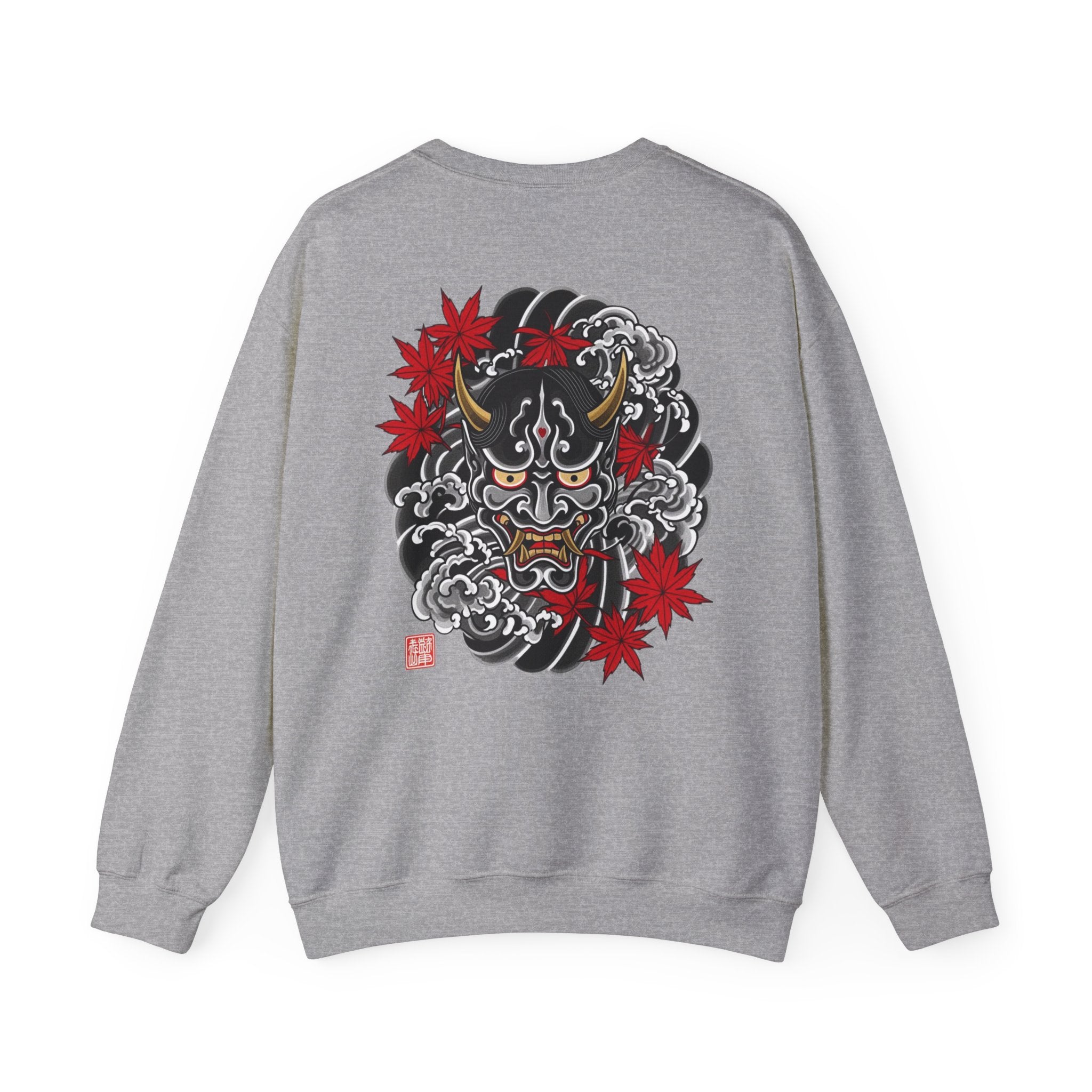 Hannya Demon Crewneck Sweatshirt — Japanese Mask & Maple Leaf Graphic