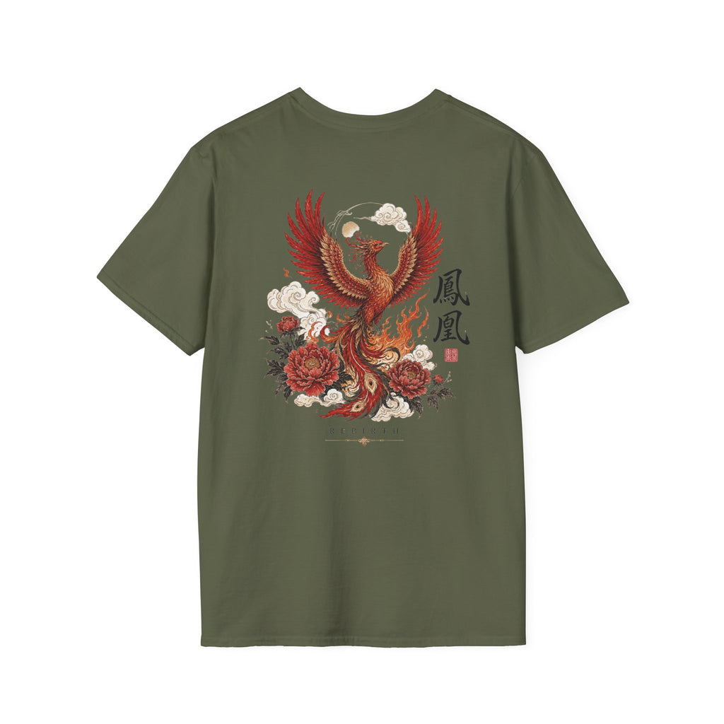 Phoenix Floral T-Shirt — Rising Phoenix Graphic Tee with Asian Calligraphy