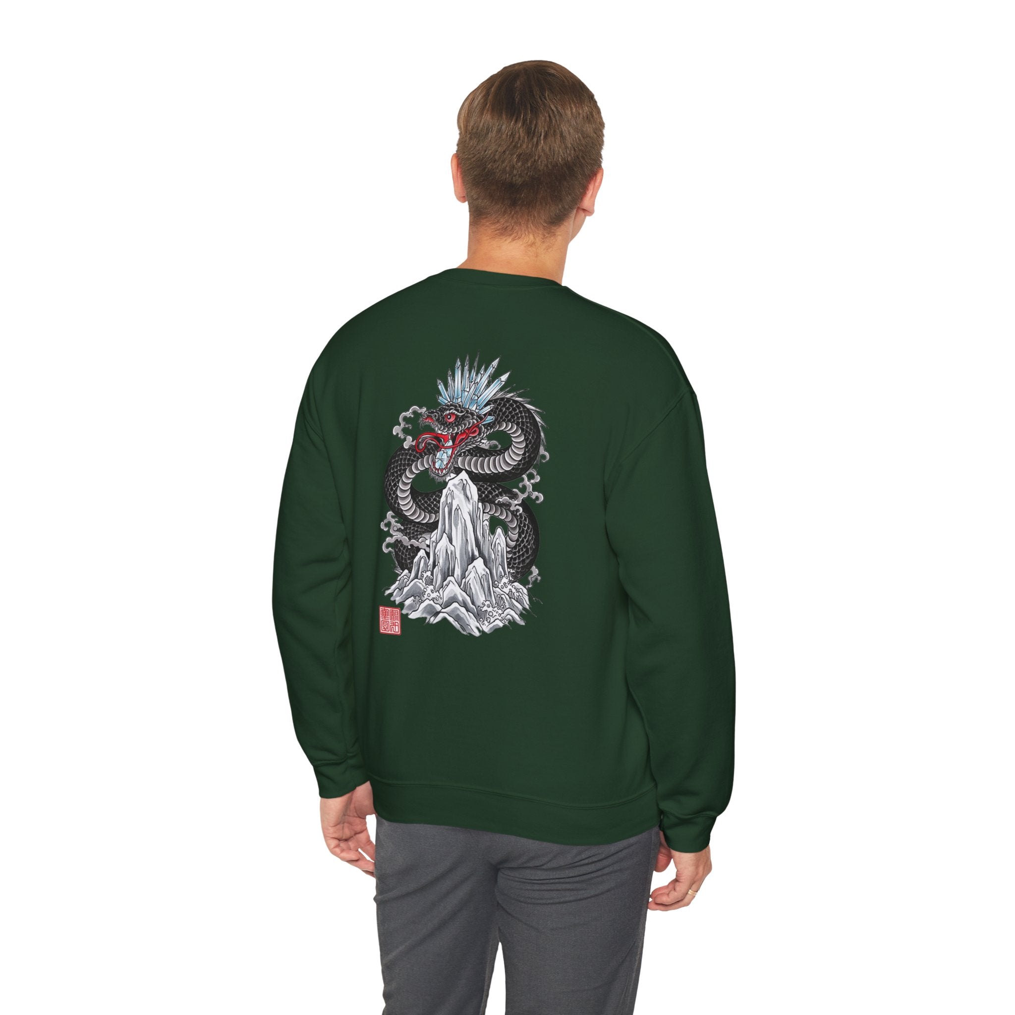 Dragon Mountain Crewneck Sweatshirt — Asian Ink Serpent Back Print