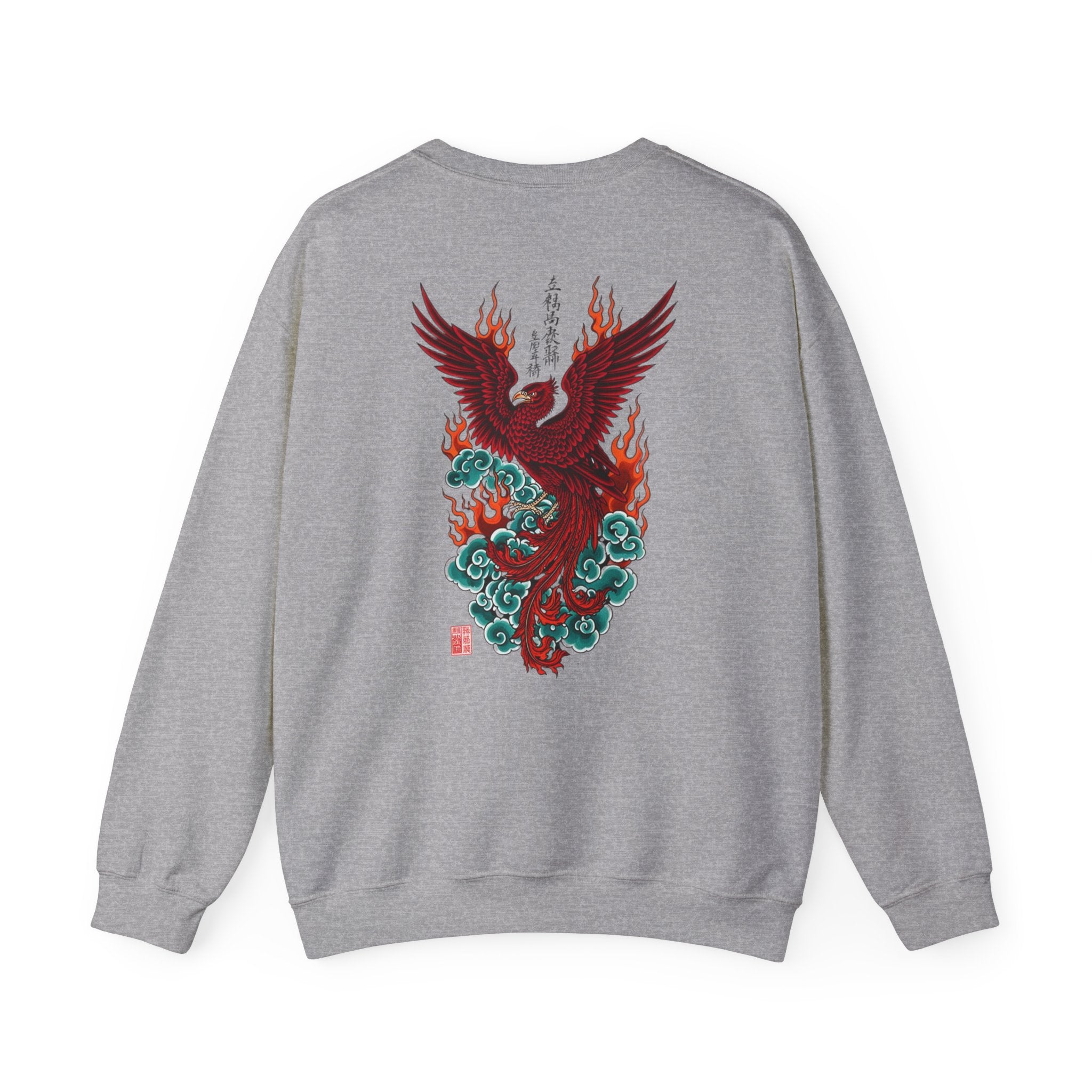 Phoenix Rising Crewneck Sweatshirt — Japanese-style Flaming Phoenix Back Print