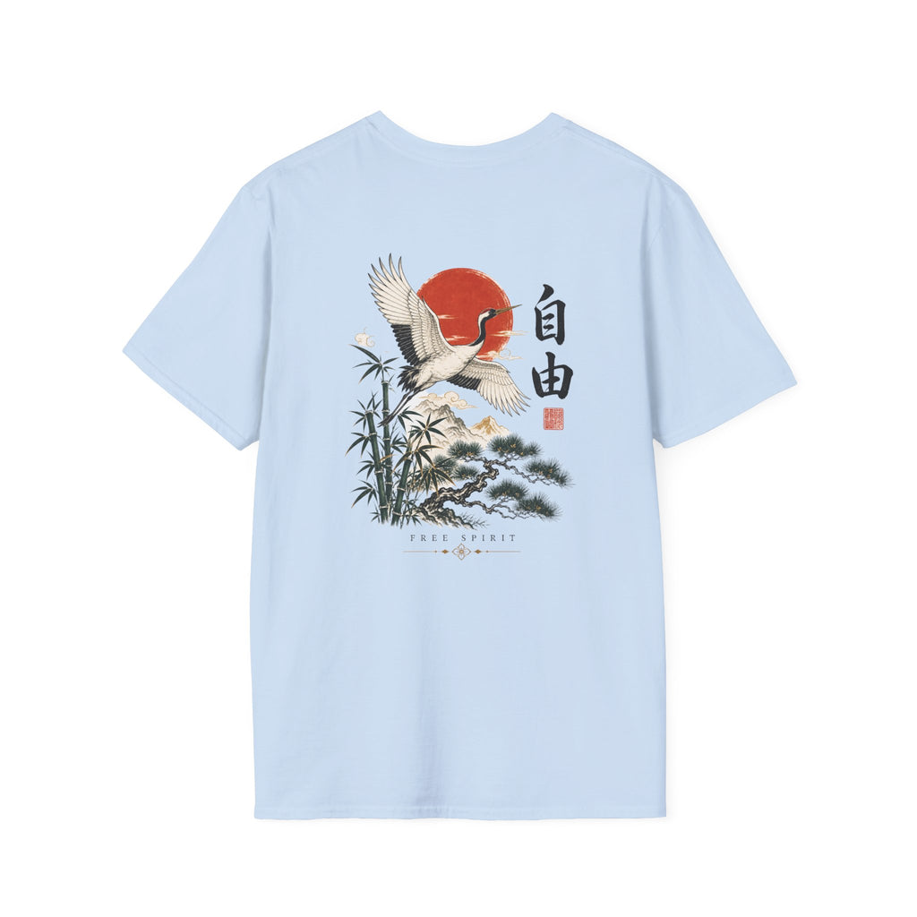 Crane & Rising Sun T-Shirt — Japanese-Inspired Freedom Graphic Tee