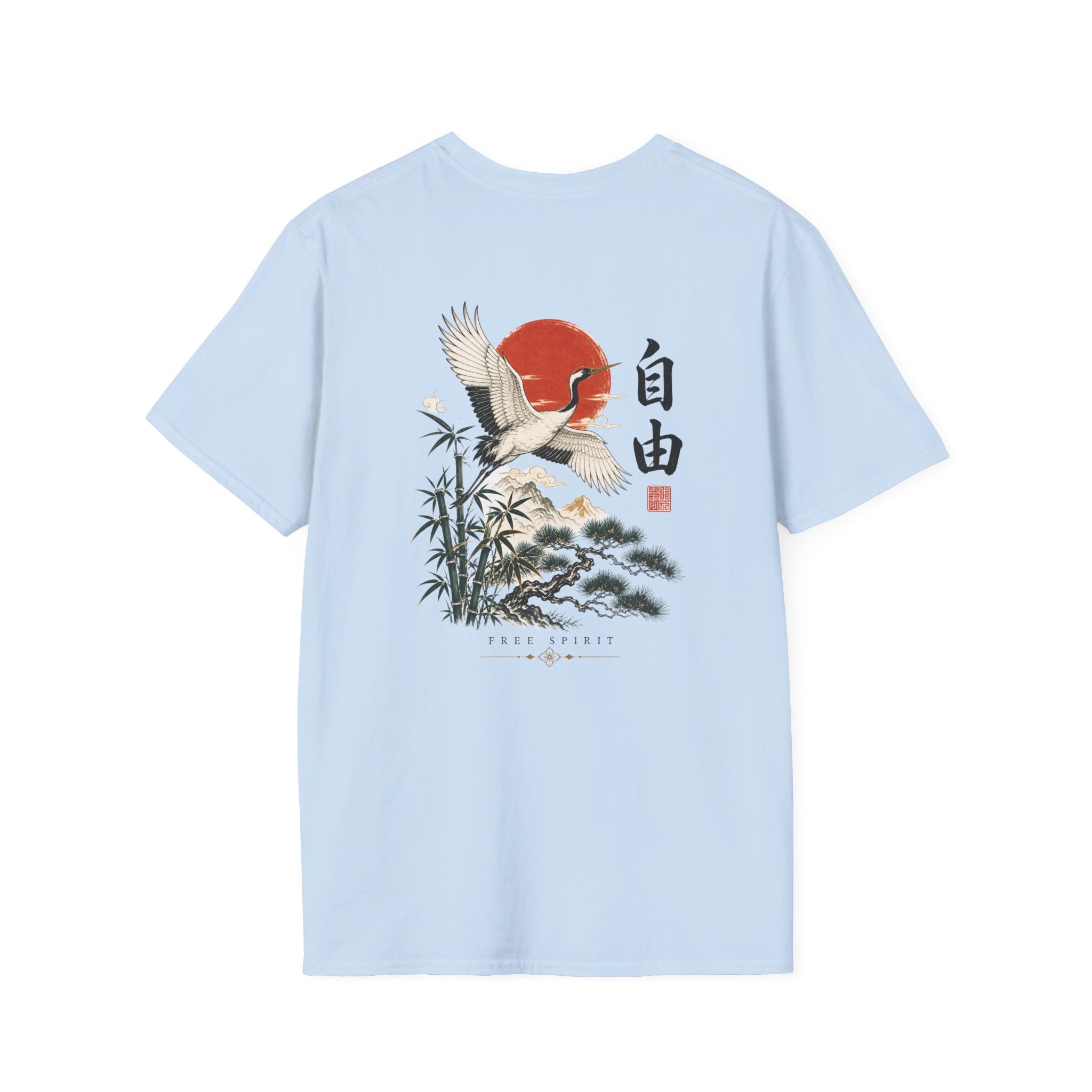 Crane & Rising Sun T-Shirt — Japanese-Inspired Freedom Graphic Tee