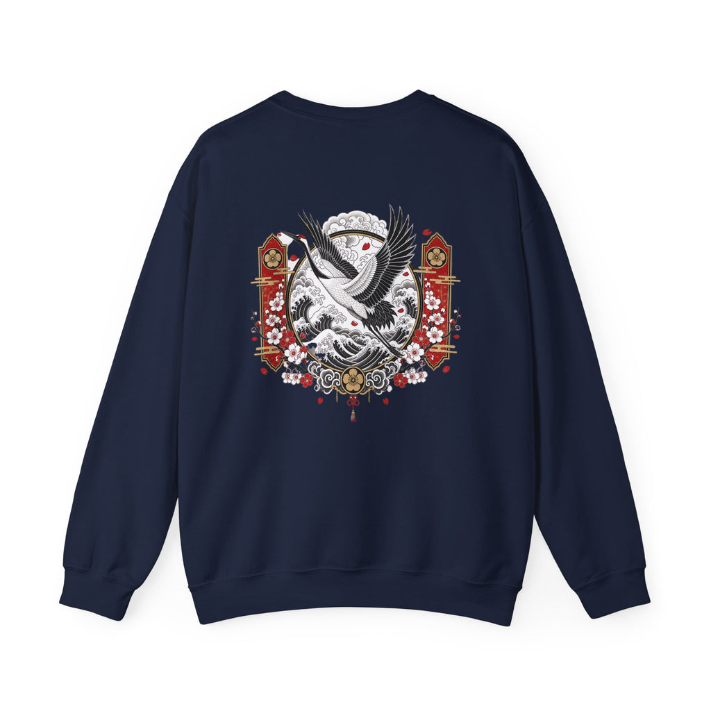Crane Moon Crewneck Sweatshirt — Japanese-Inspired Crane & Moon Back Graphic