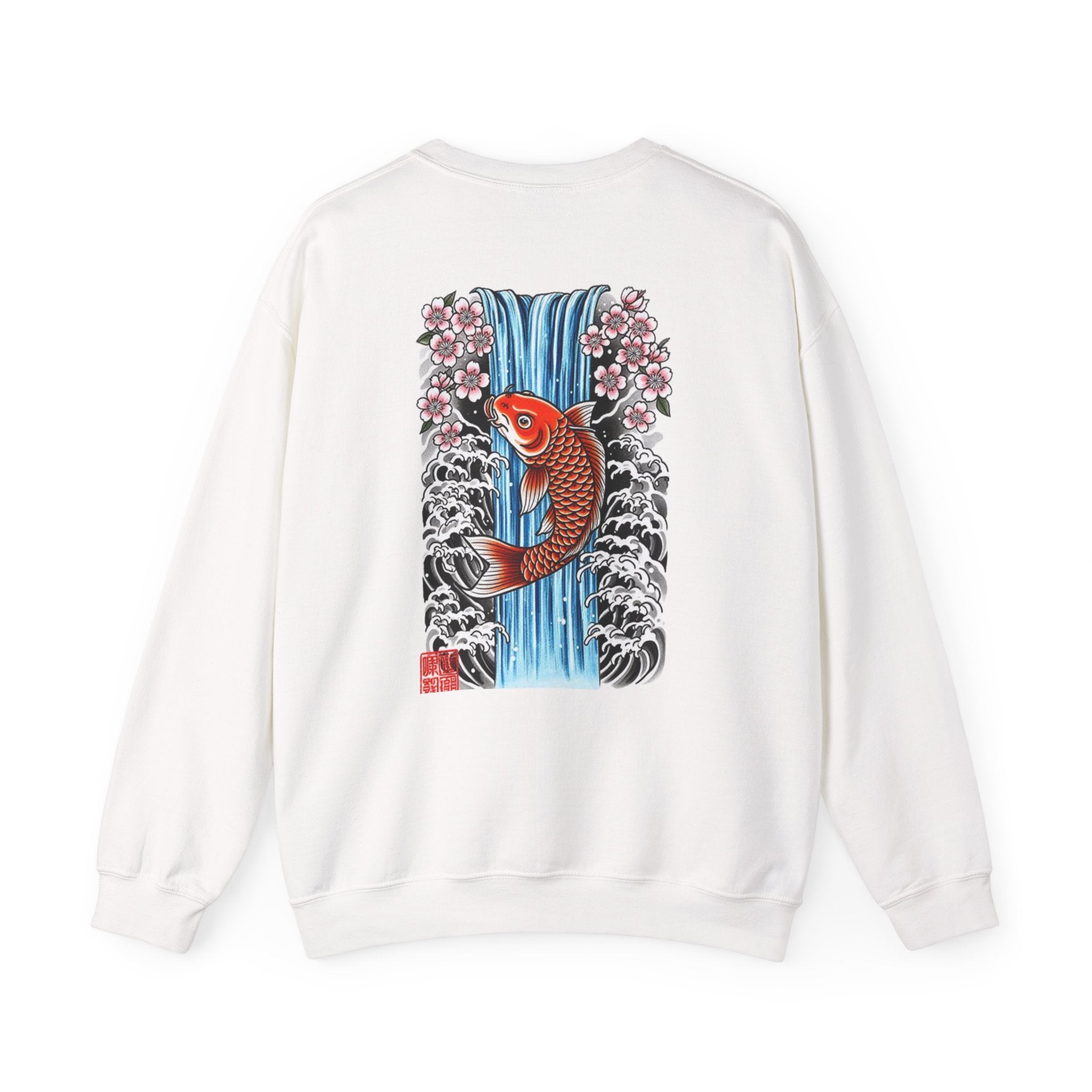Koi Waterfall Crewneck Sweatshirt — Japanese Koi & Cherry Blossom Back Graphic