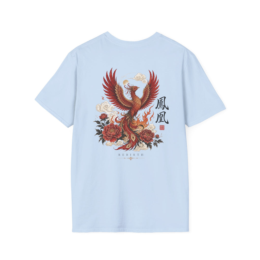 Phoenix Floral T-Shirt — Rising Phoenix Graphic Tee with Asian Calligraphy