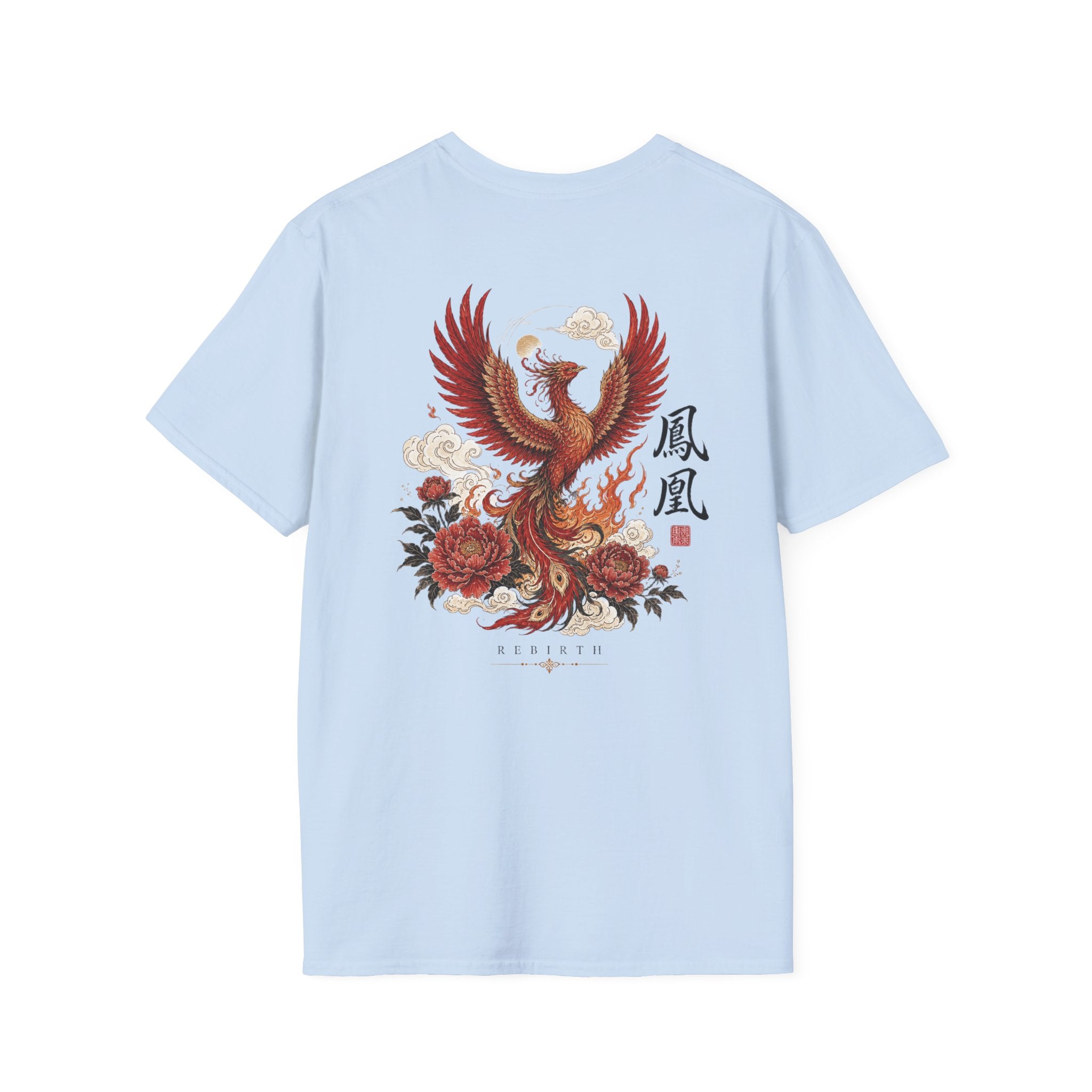 Phoenix Floral T-Shirt — Rising Phoenix Graphic Tee with Asian Calligraphy