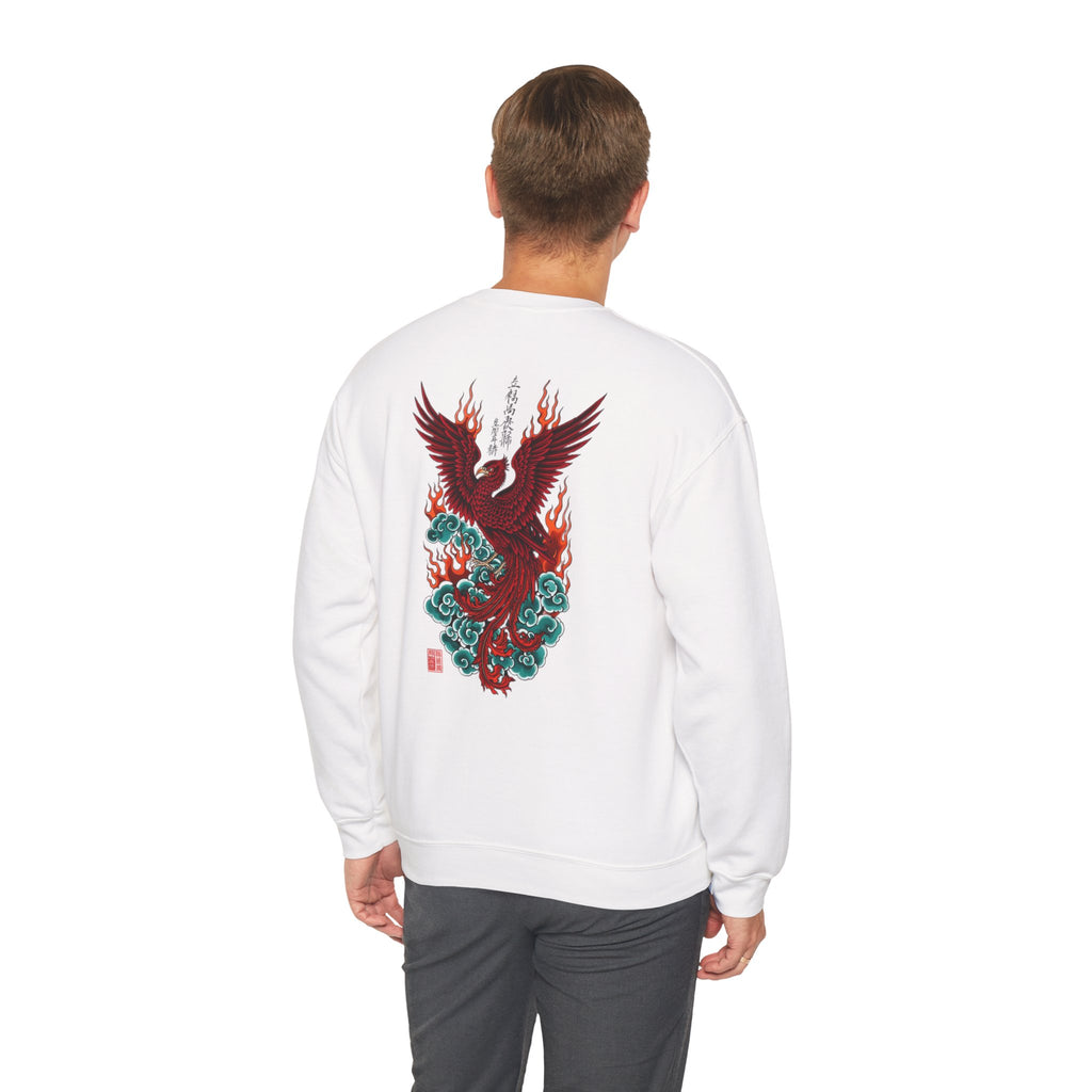 Phoenix Rising Crewneck Sweatshirt — Japanese-style Flaming Phoenix Back Print