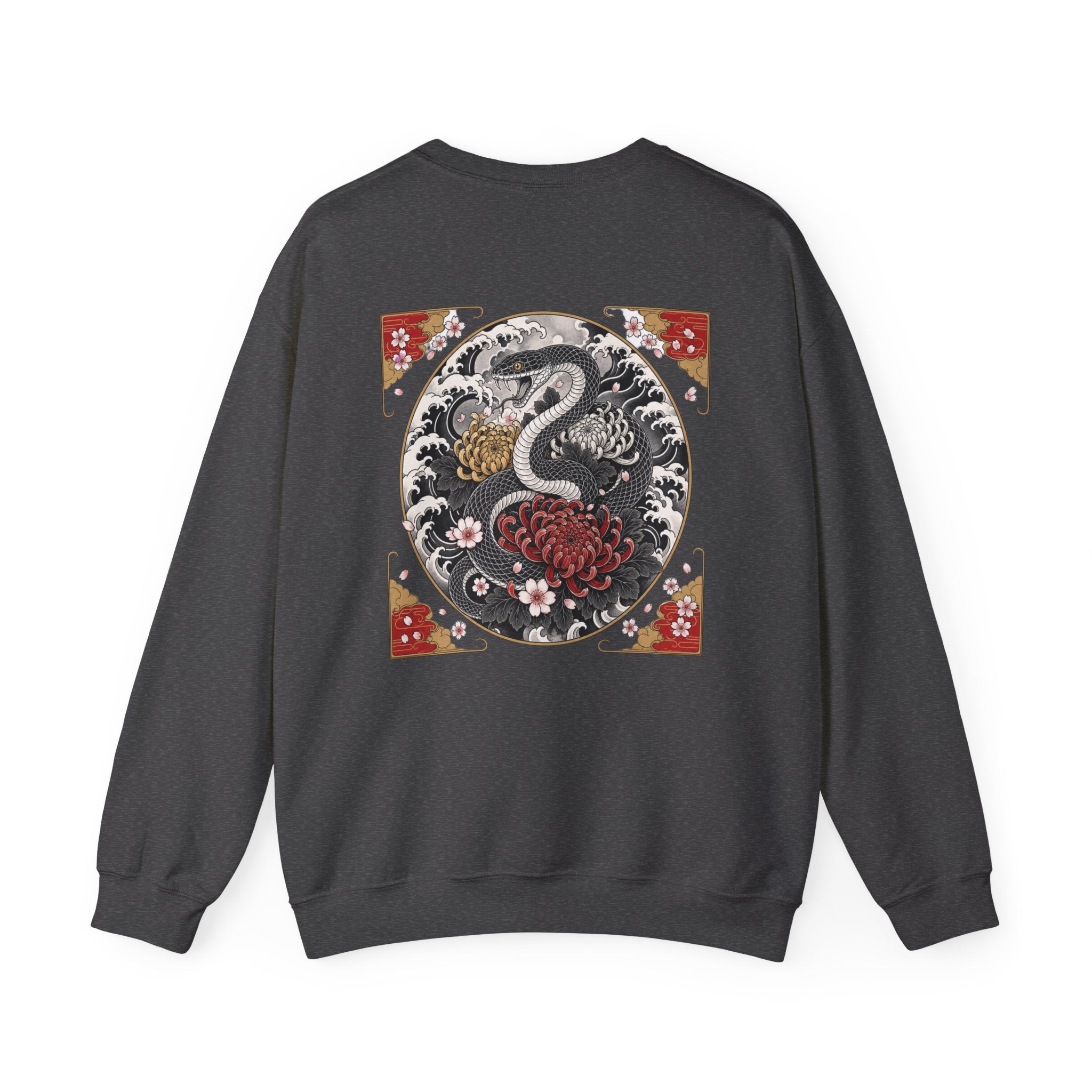 Dragon Circle Crewneck Sweatshirt — Asian-Inspired Snake & Floral Back Graphic