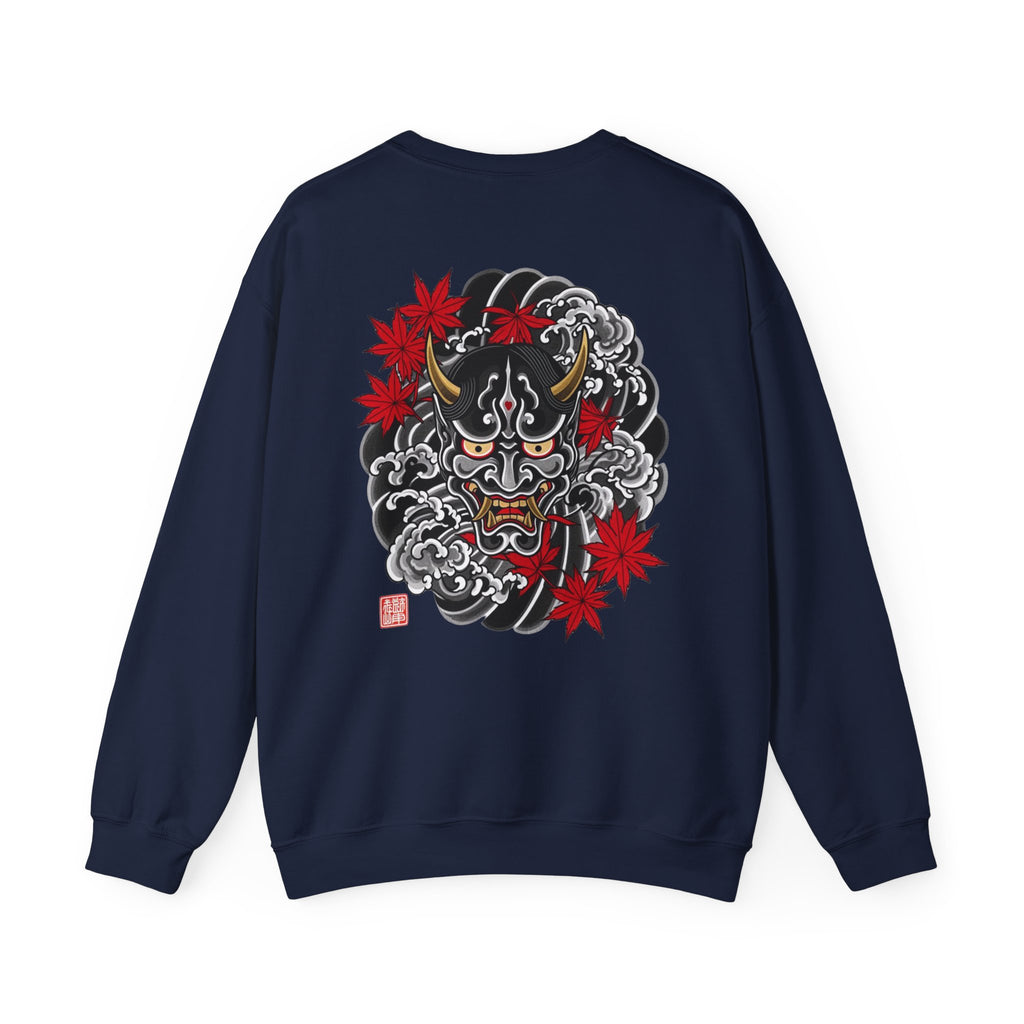 Hannya Demon Crewneck Sweatshirt — Japanese Mask & Maple Leaf Graphic