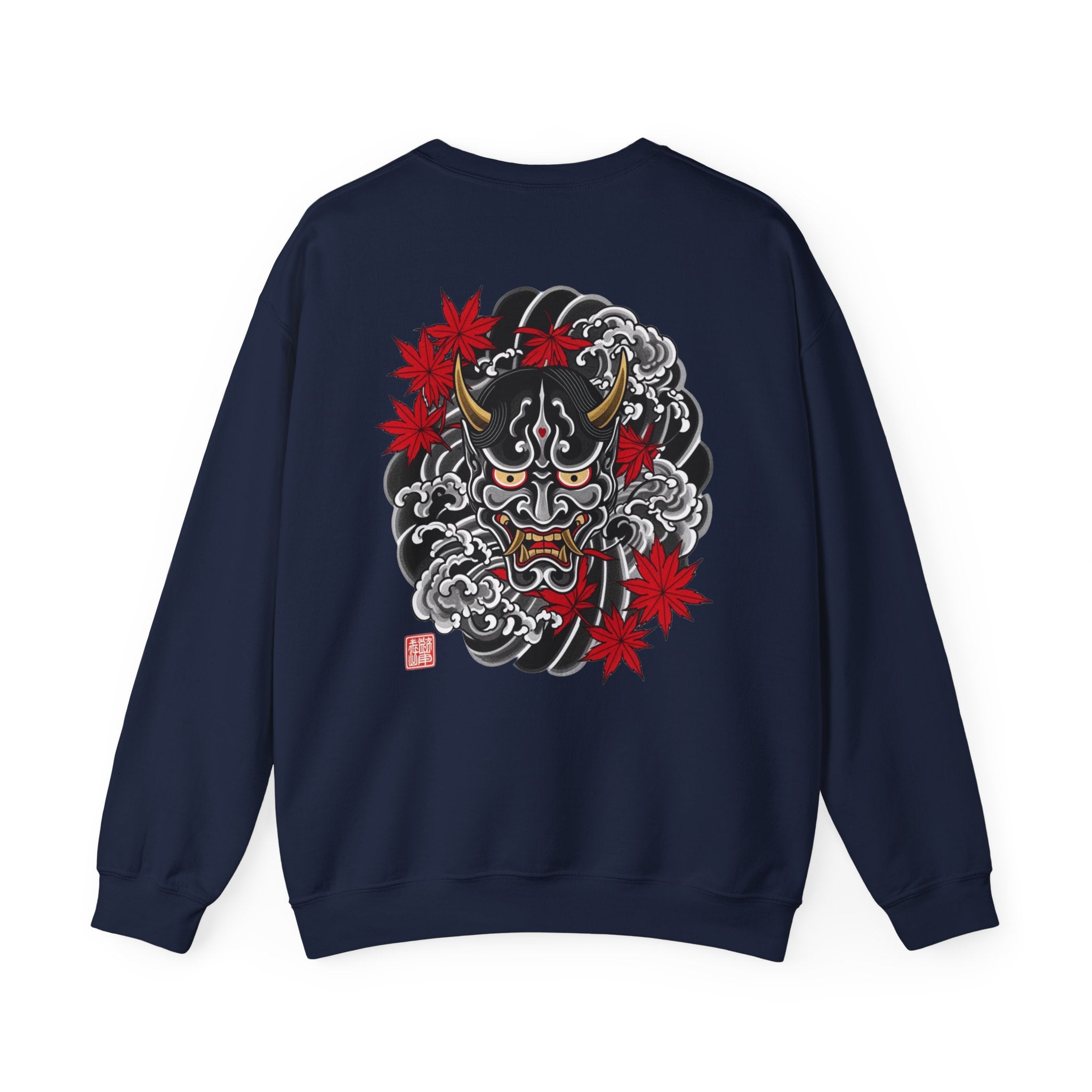 Hannya Demon Crewneck Sweatshirt — Japanese Mask & Maple Leaf Graphic