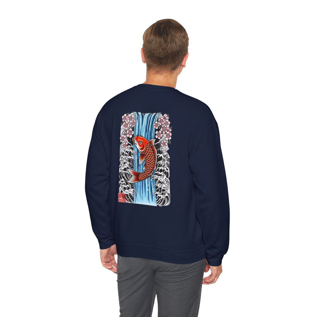 Koi Waterfall Crewneck Sweatshirt — Japanese Koi & Cherry Blossom Back Graphic