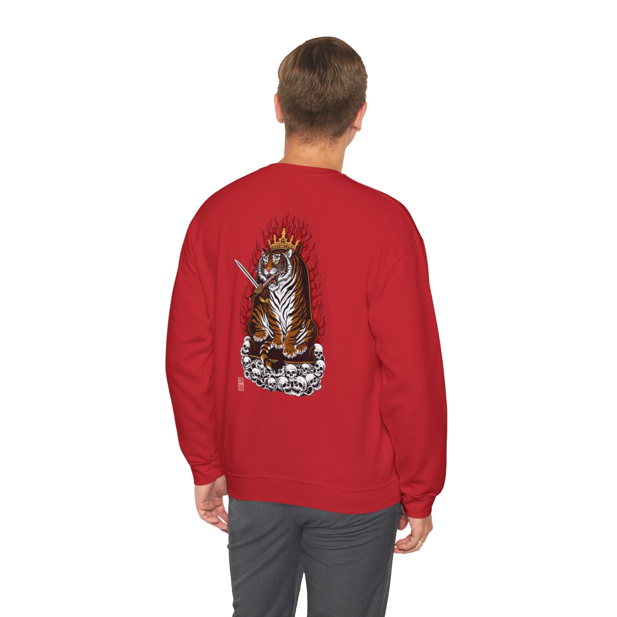 Tiger King Crewneck Sweatshirt — Flaming Tiger on Skulls Graphic