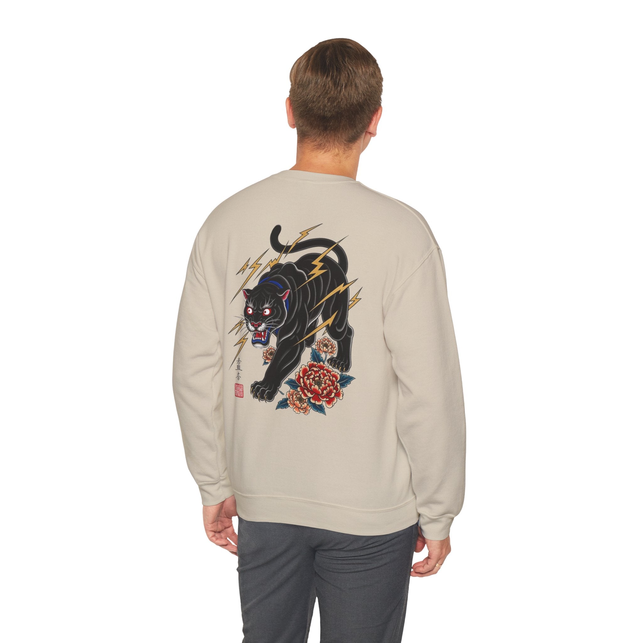 Panther Lightning Crewneck Sweatshirt — Japanese Tiger-Style Black Panther Graphic