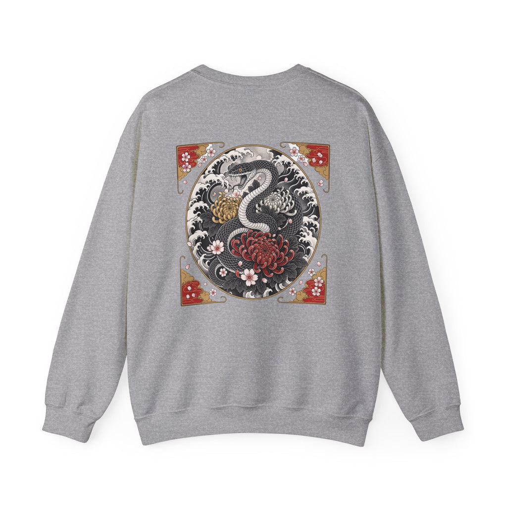 Dragon Circle Crewneck Sweatshirt — Asian-Inspired Snake & Floral Back Graphic
