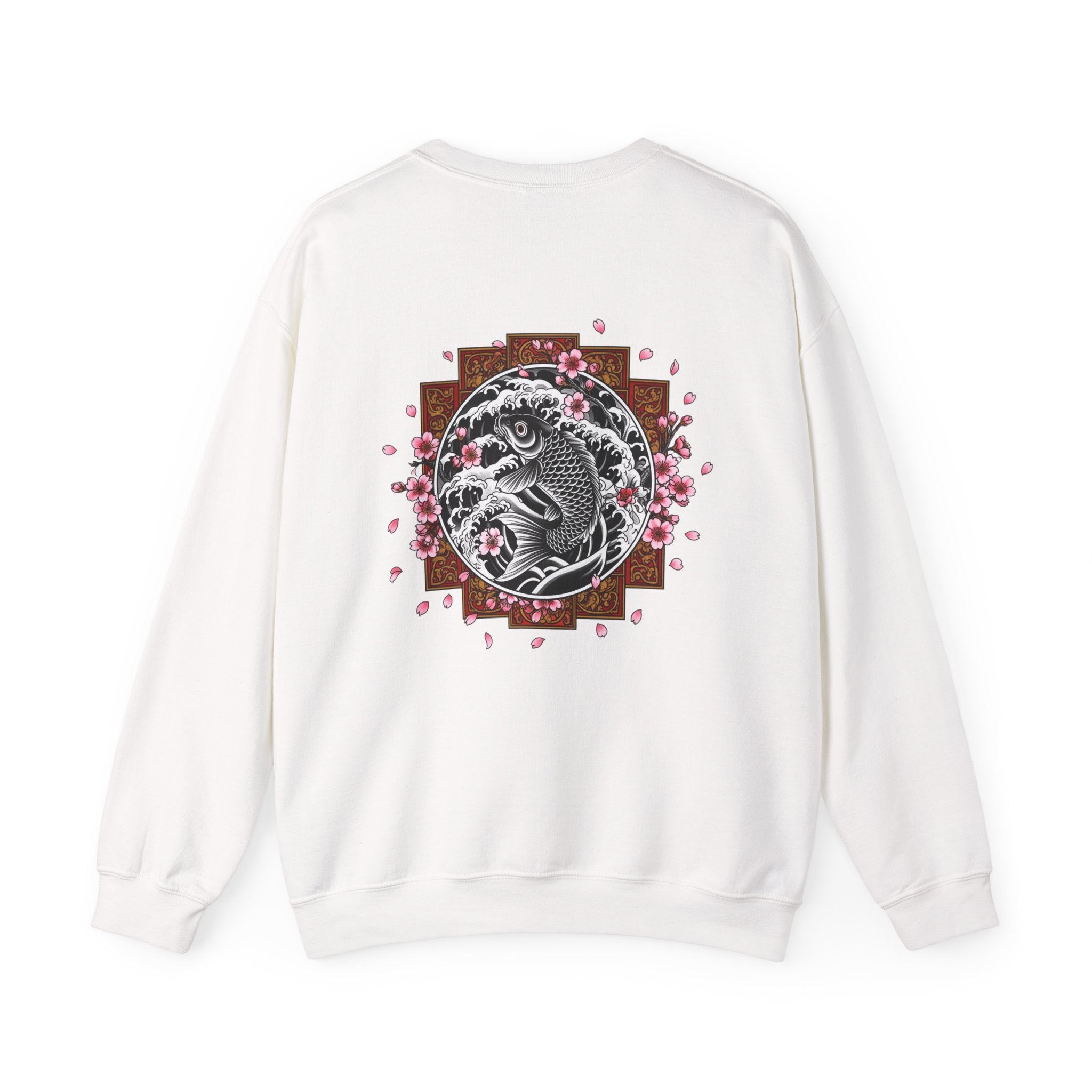 Crewneck Sweatshirt — Koi Fish Cherry Blossom Graphic Back, Minimal Front Logo