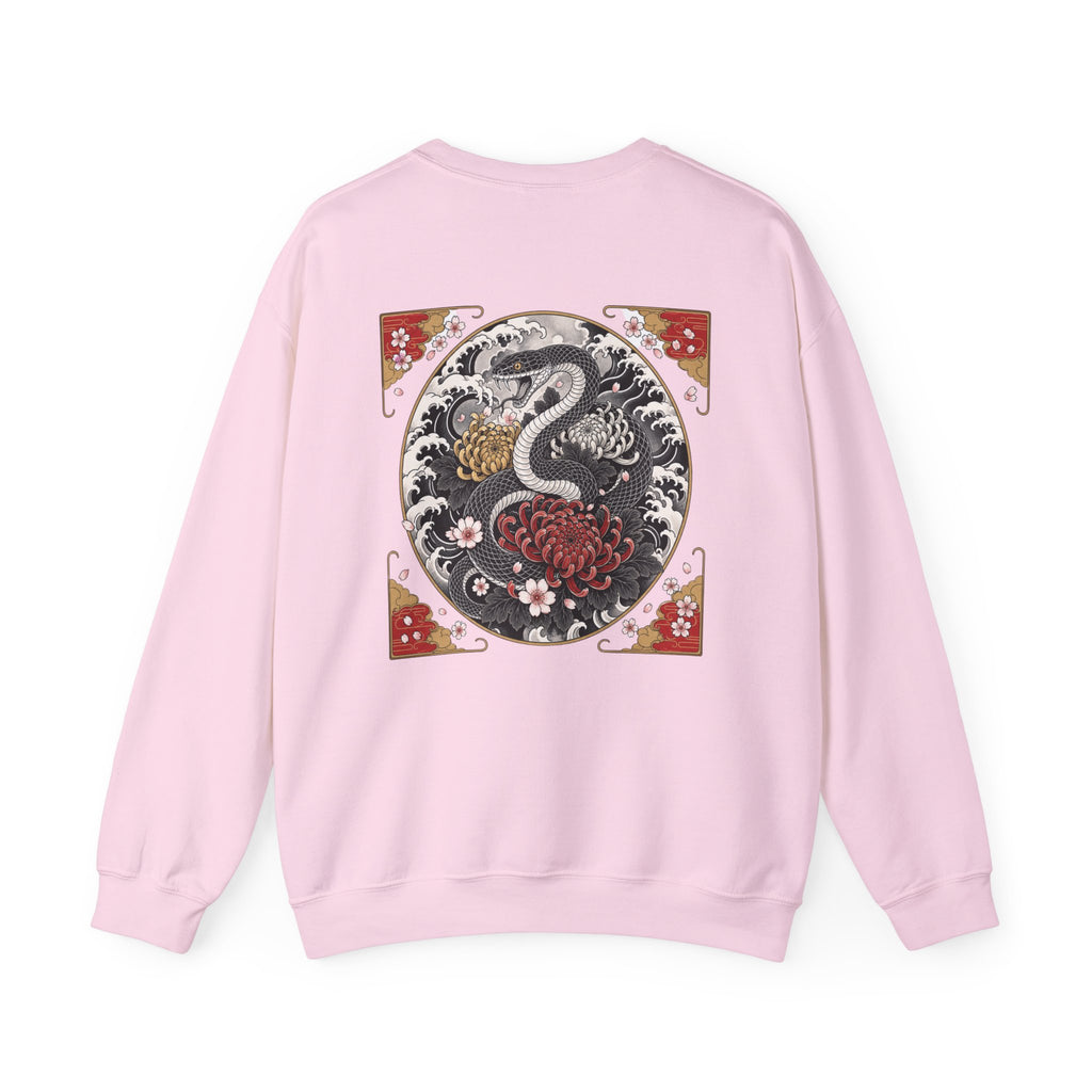 Dragon Circle Crewneck Sweatshirt — Asian-Inspired Snake & Floral Back Graphic