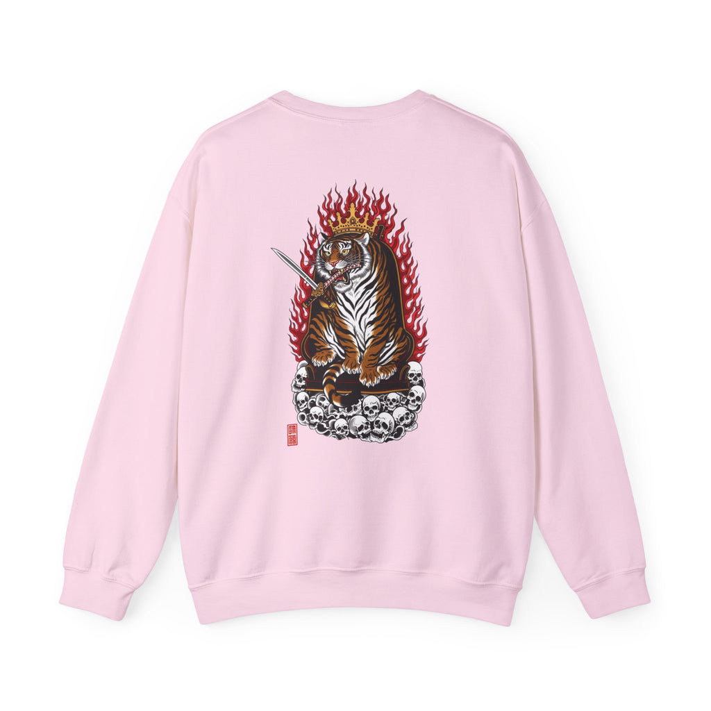 Tiger King Crewneck Sweatshirt — Flaming Tiger on Skulls Graphic