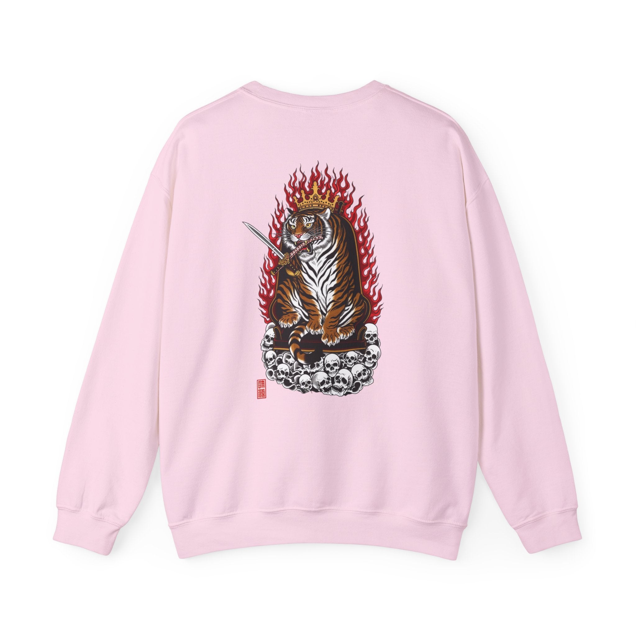 Tiger King Crewneck Sweatshirt — Flaming Tiger on Skulls Graphic
