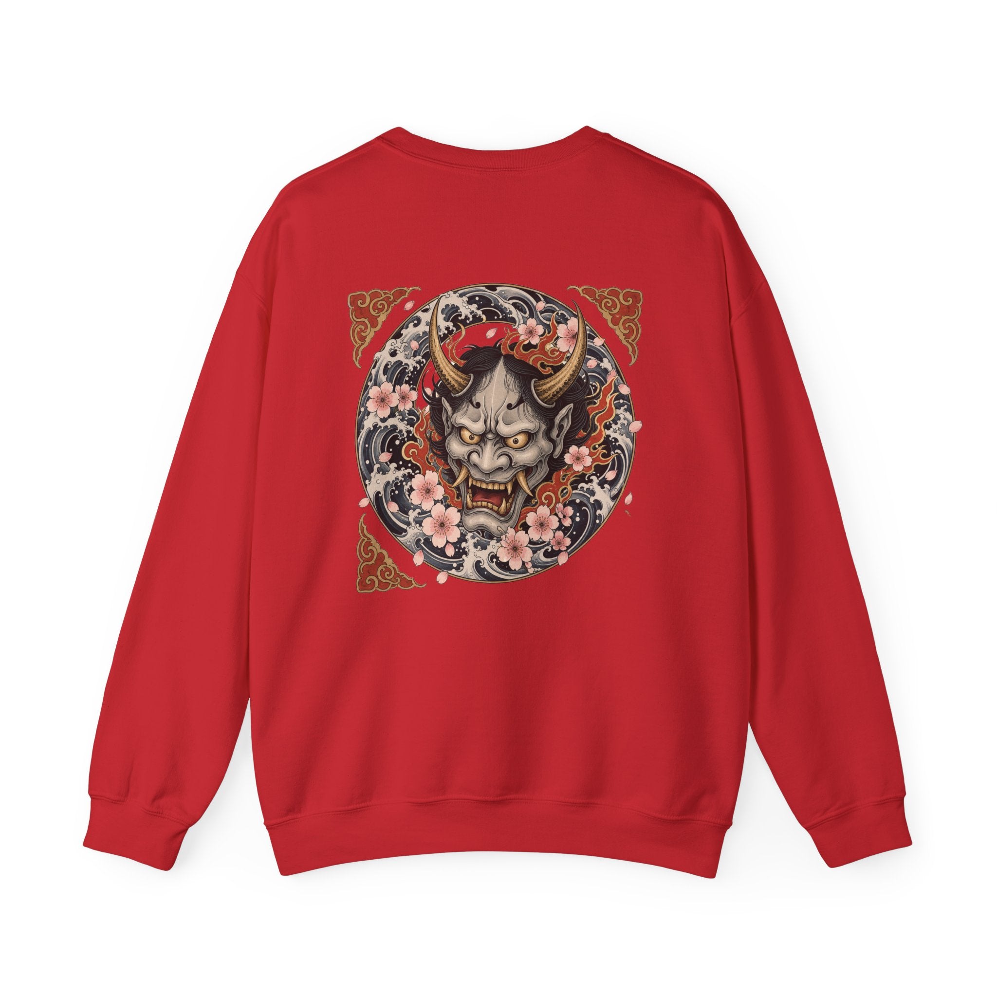 Hannya Mask Crewneck Sweatshirt — Japanese Demon Floral Back Print