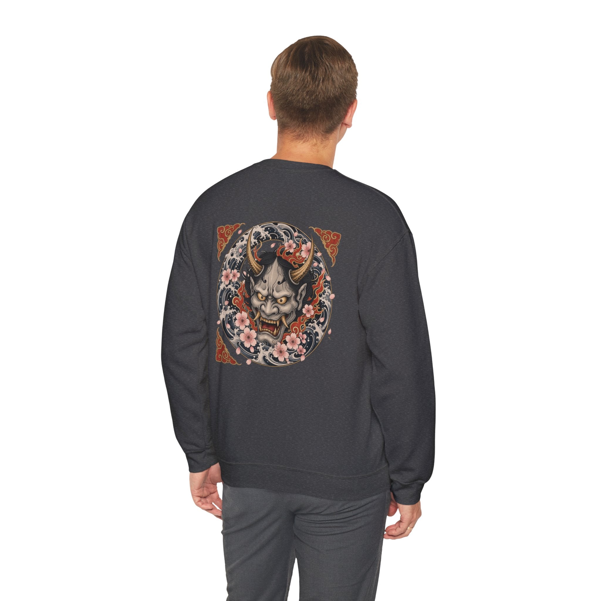 Hannya Mask Crewneck Sweatshirt — Japanese Demon Floral Back Print