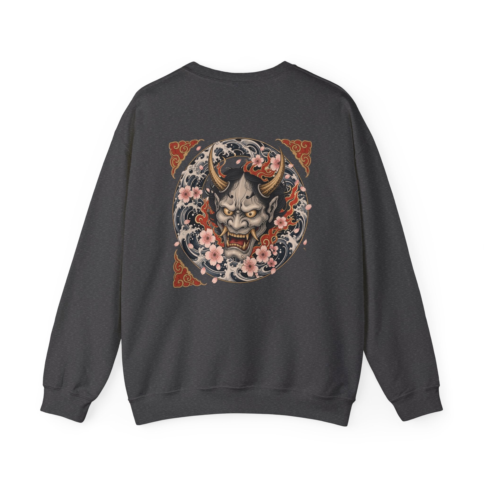 Hannya Mask Crewneck Sweatshirt — Japanese Demon Floral Back Print