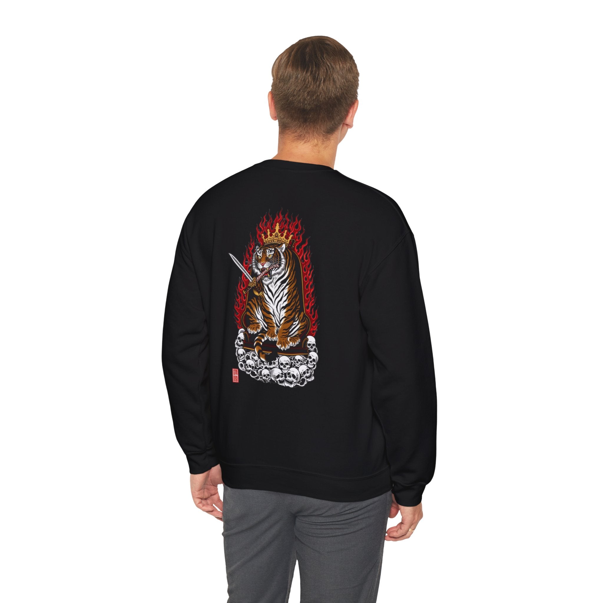 Tiger King Crewneck Sweatshirt — Flaming Tiger on Skulls Graphic
