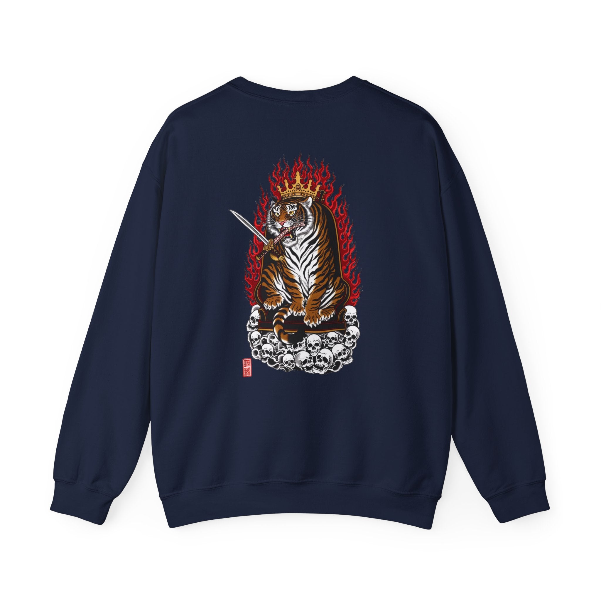 Tiger King Crewneck Sweatshirt — Flaming Tiger on Skulls Graphic