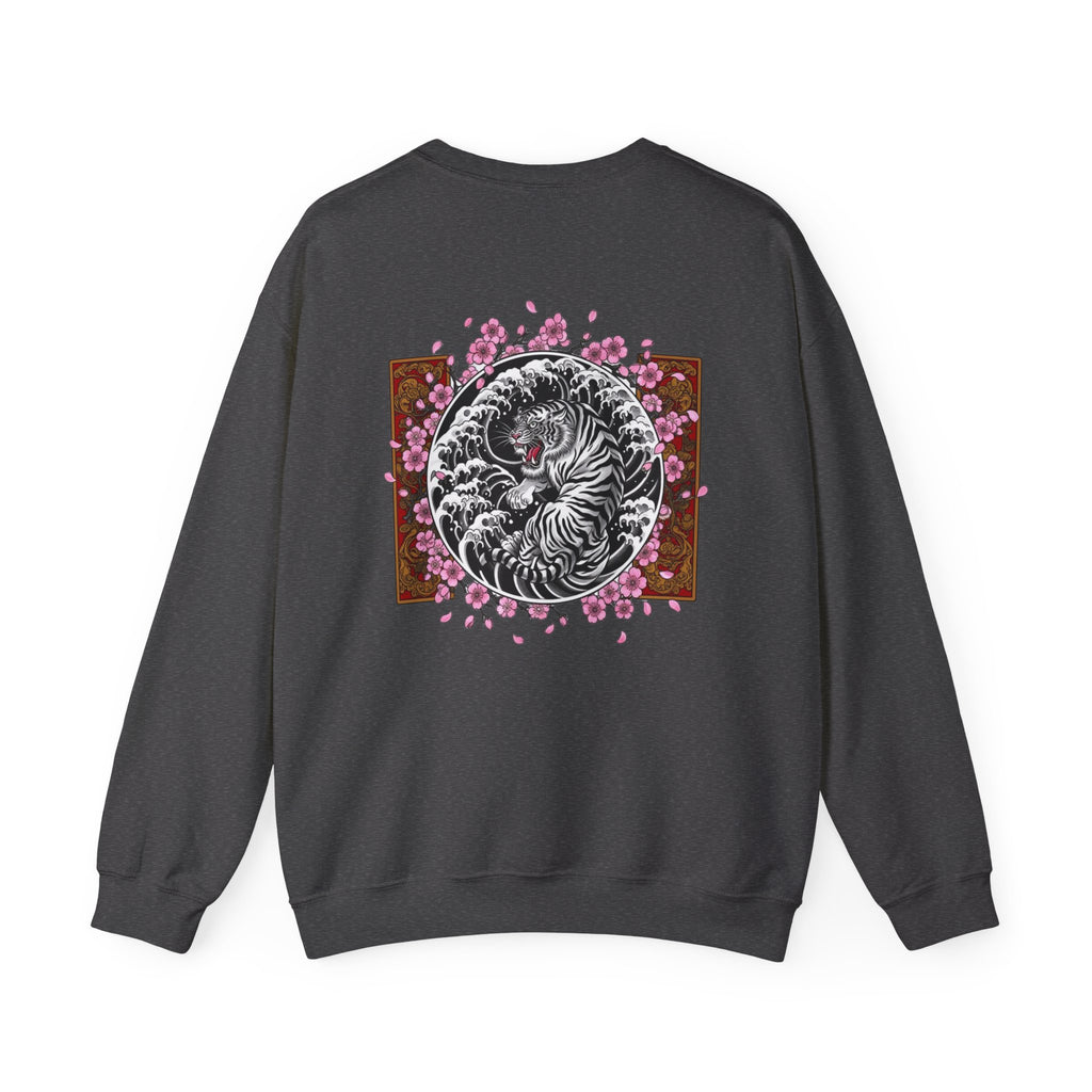 Crewneck Sweatshirt — Yin Yang Tiger with Cherry Blossoms Graphic