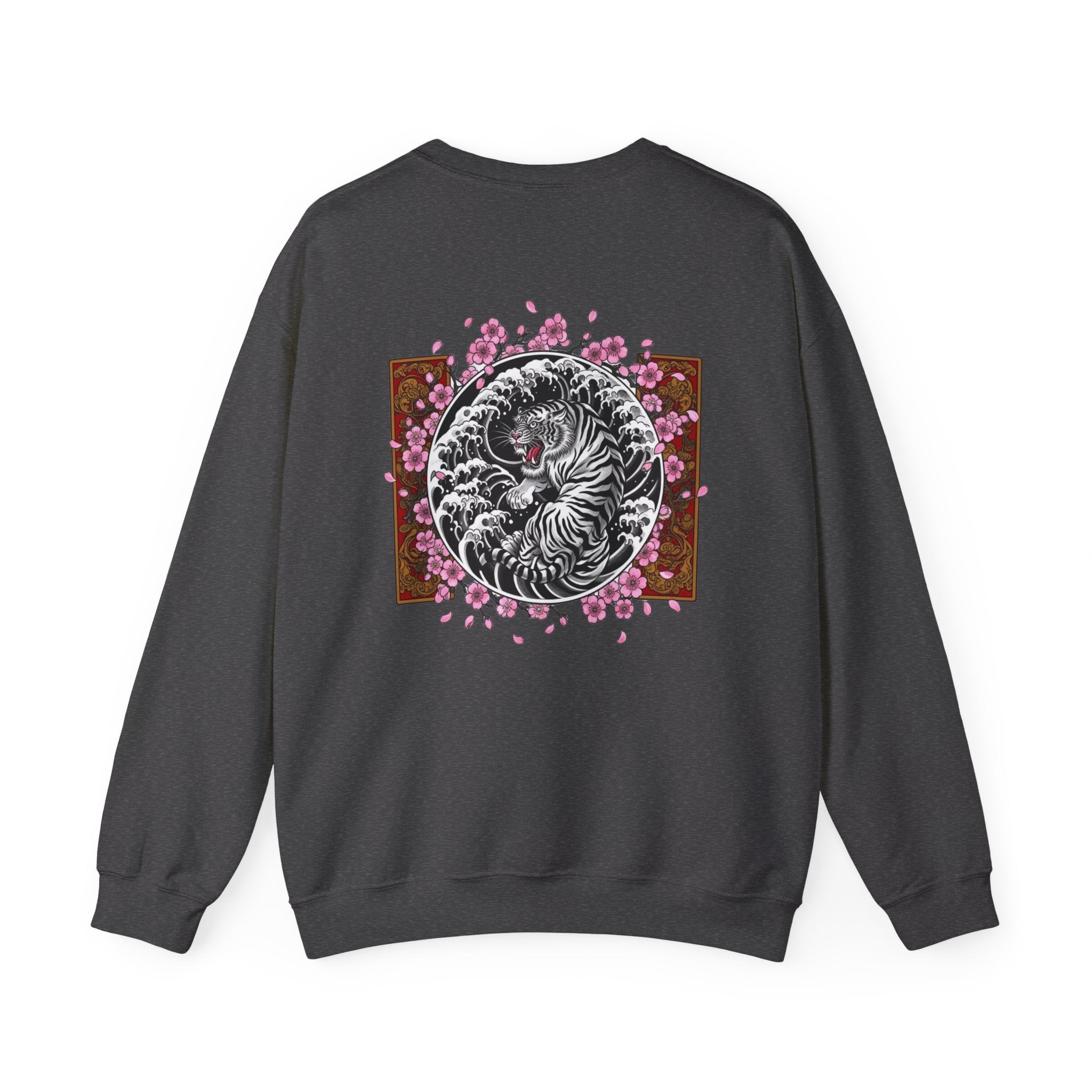 Crewneck Sweatshirt — Yin Yang Tiger with Cherry Blossoms Graphic