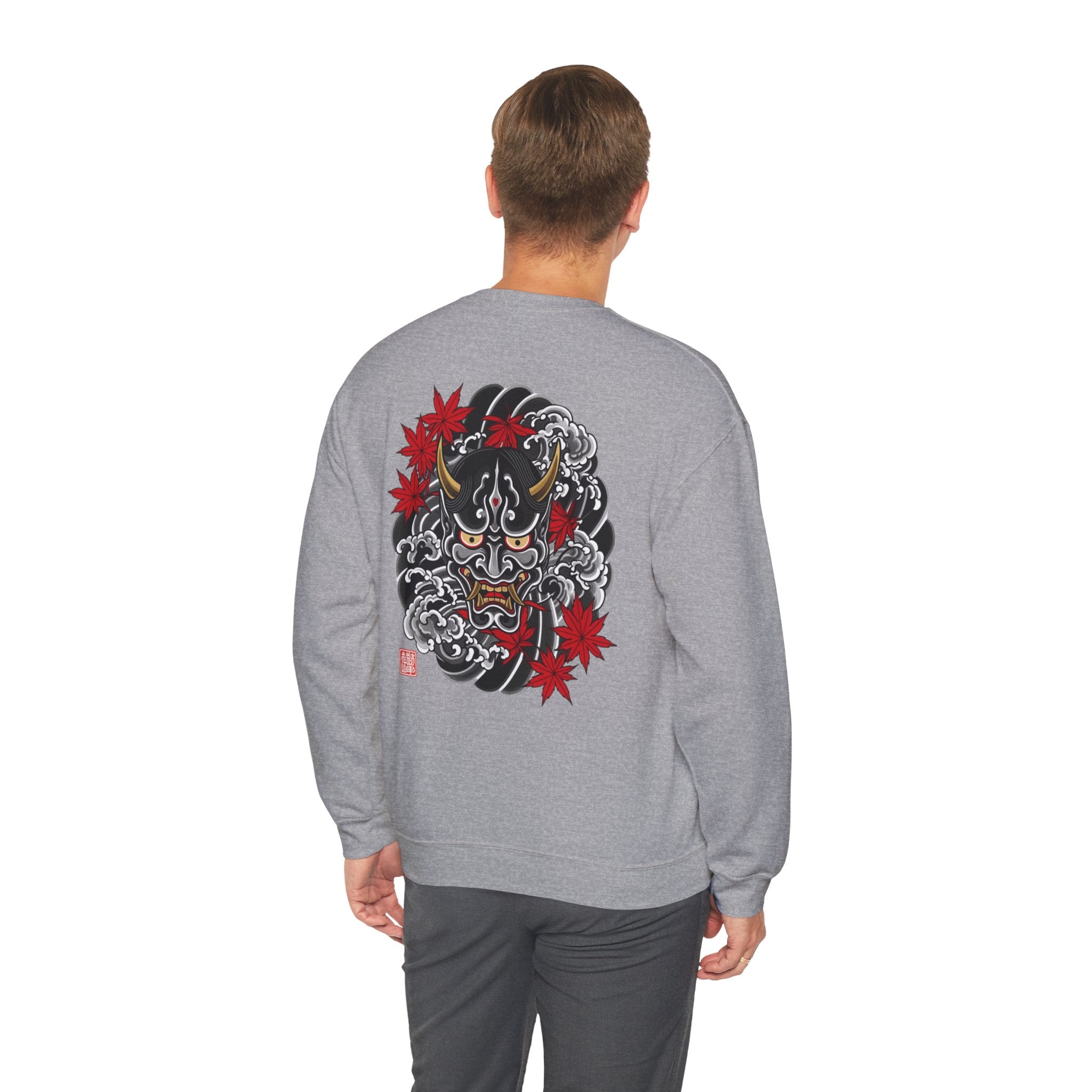 Hannya Demon Crewneck Sweatshirt — Japanese Mask & Maple Leaf Graphic