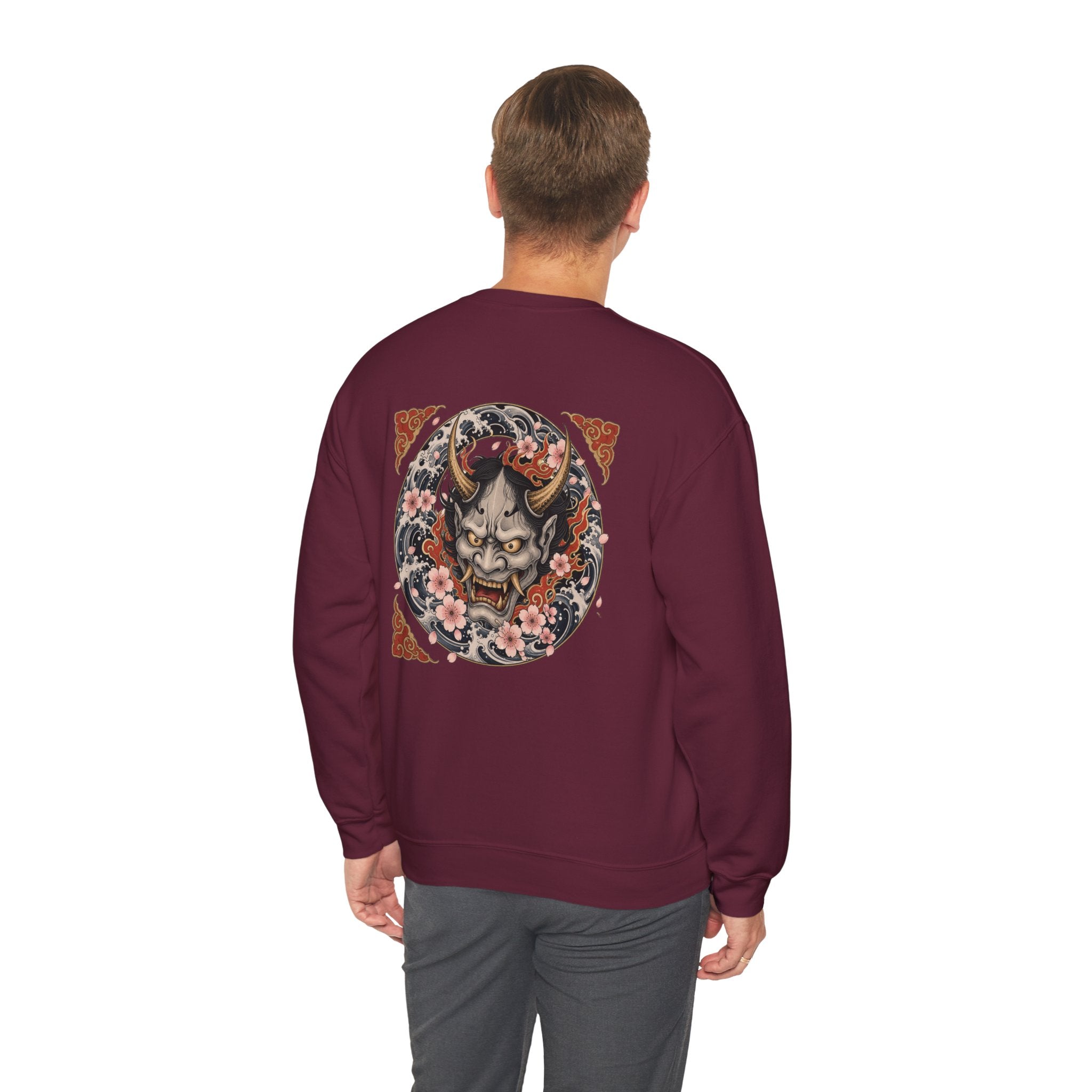 Hannya Mask Crewneck Sweatshirt — Japanese Demon Floral Back Print