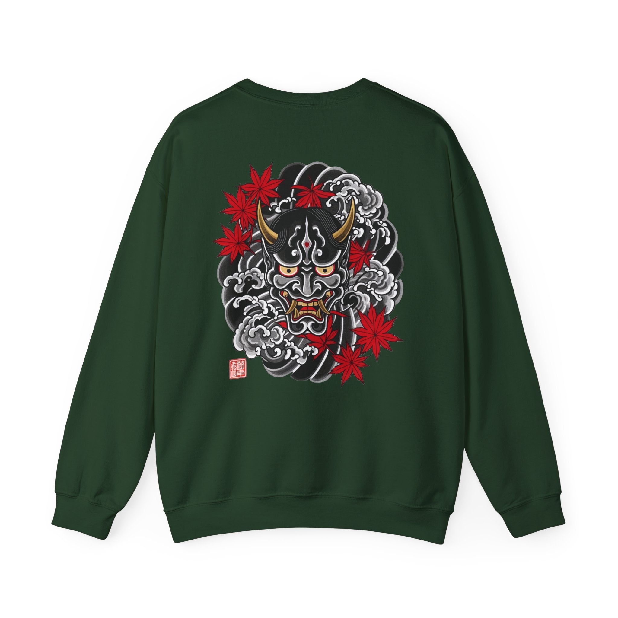 Hannya Demon Crewneck Sweatshirt — Japanese Mask & Maple Leaf Graphic