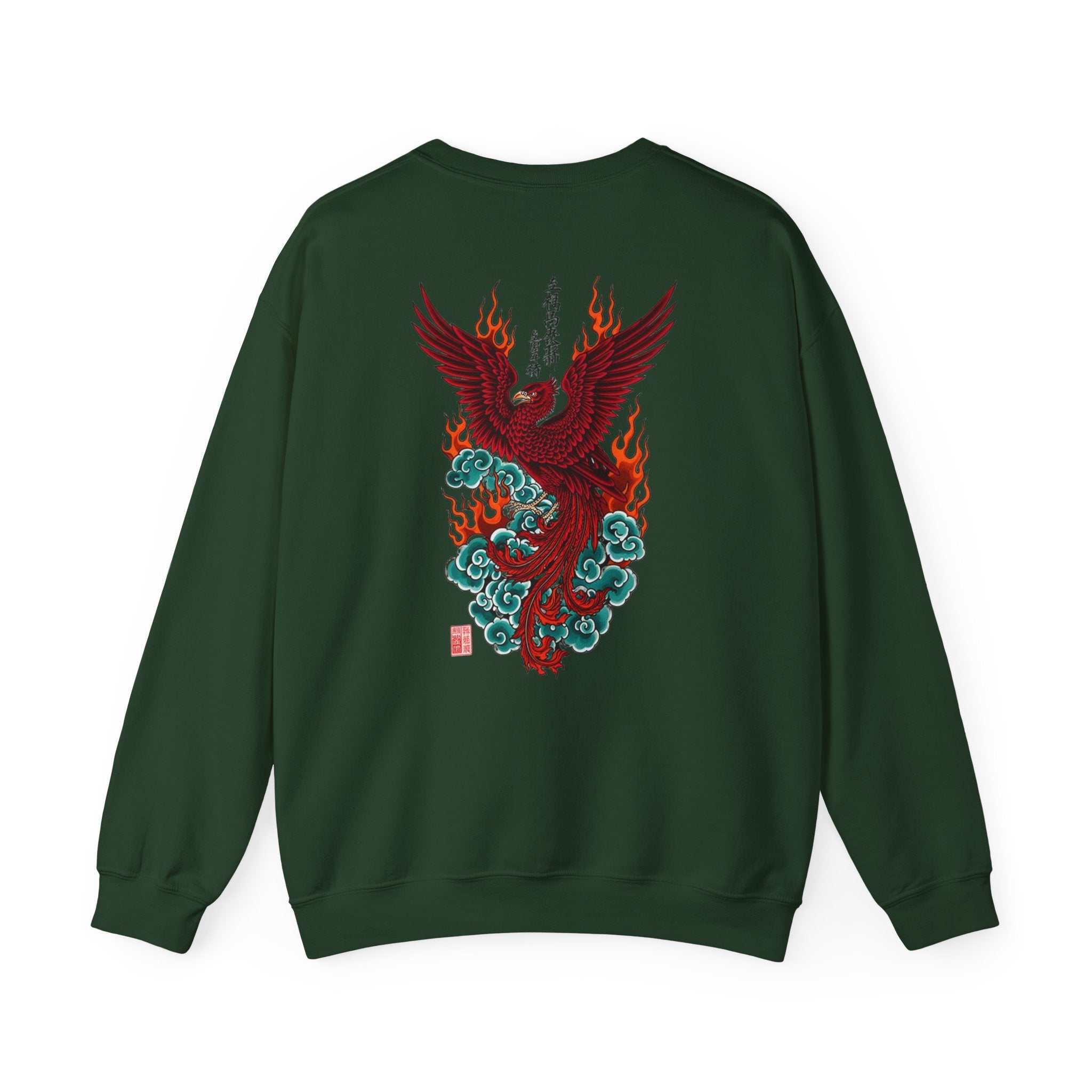 Phoenix Rising Crewneck Sweatshirt — Japanese-style Flaming Phoenix Back Print