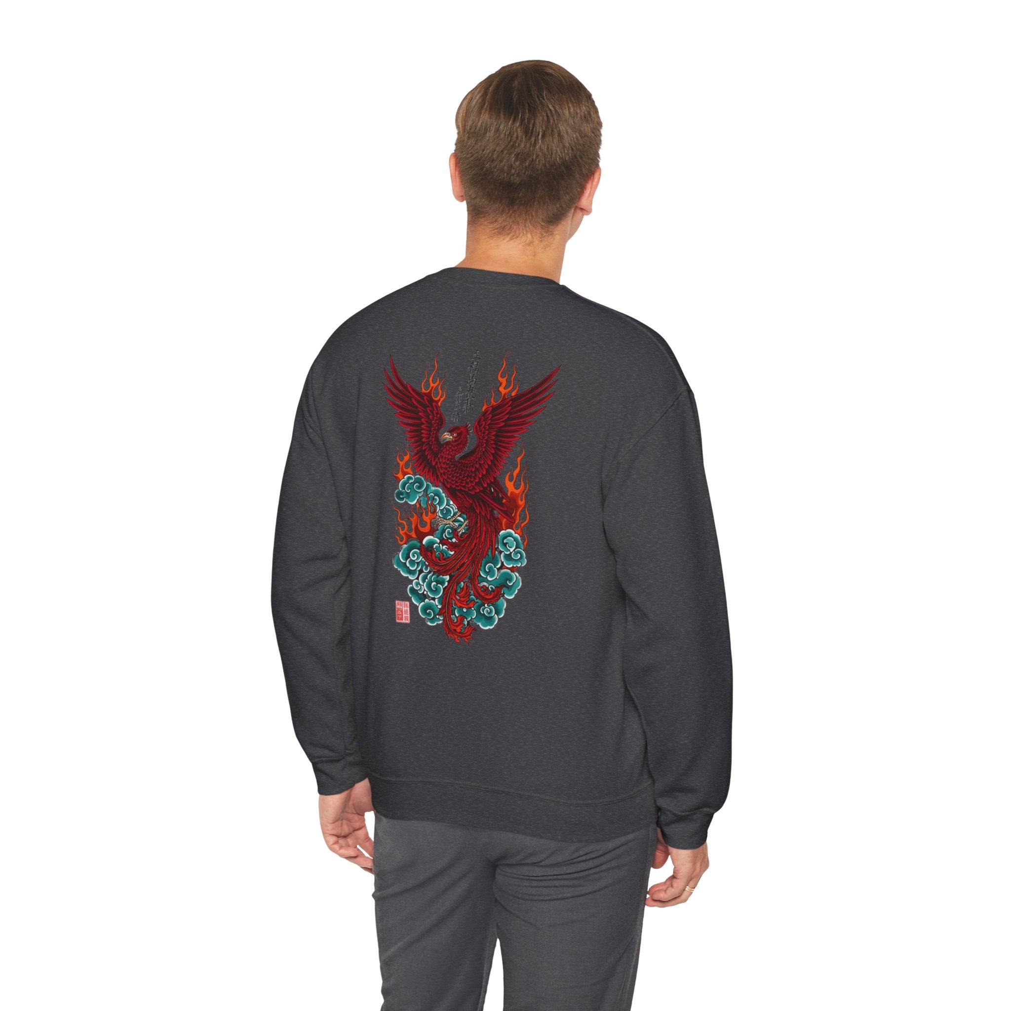 Phoenix Rising Crewneck Sweatshirt — Japanese-style Flaming Phoenix Back Print