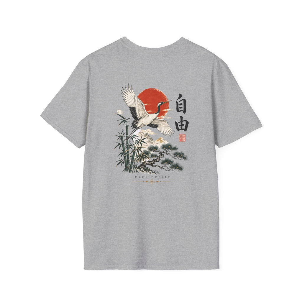 Crane & Rising Sun T-Shirt — Japanese-Inspired Freedom Graphic Tee