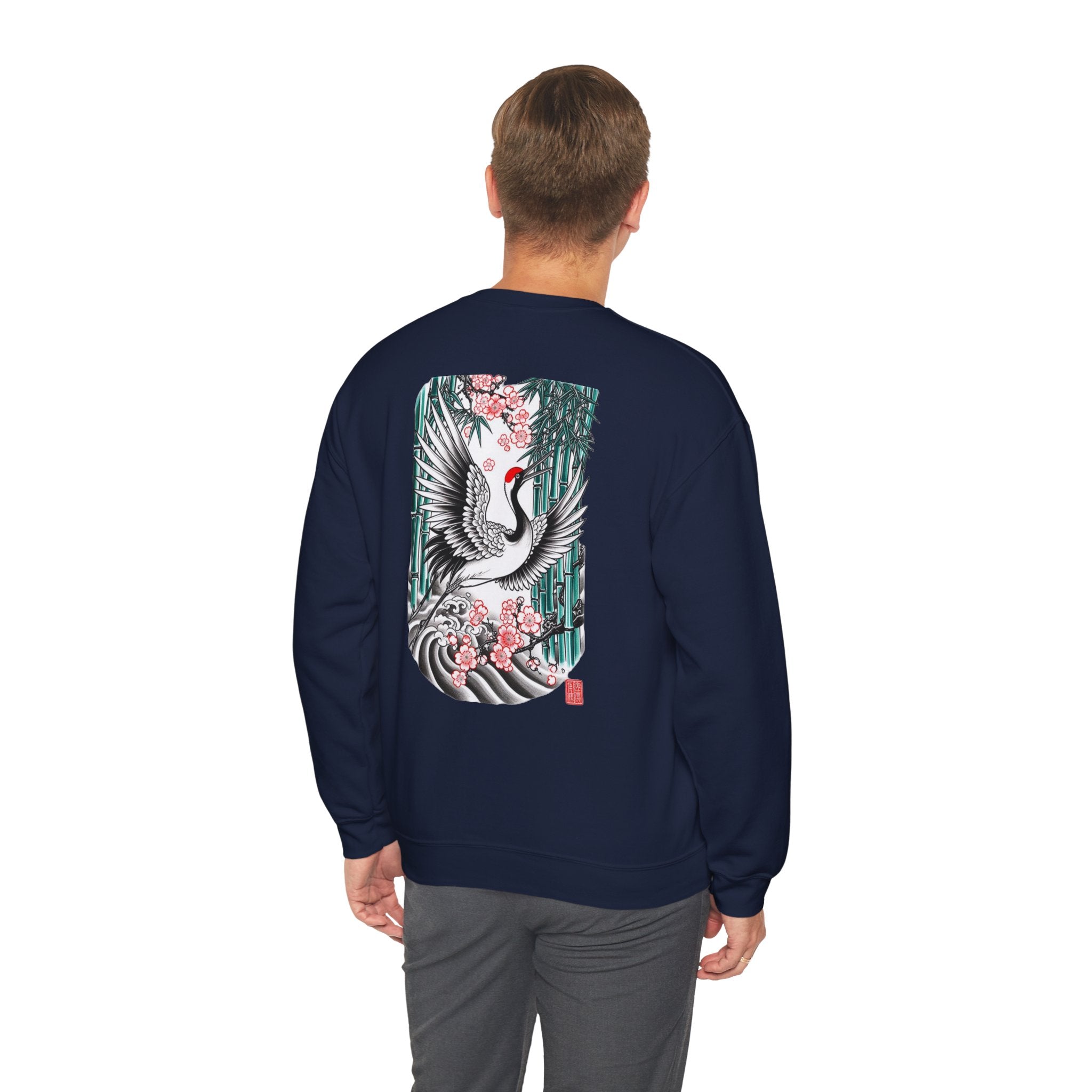 Crane & Cherry Blossom Crewneck Sweatshirt — Japanese Crane Graphic Pullover