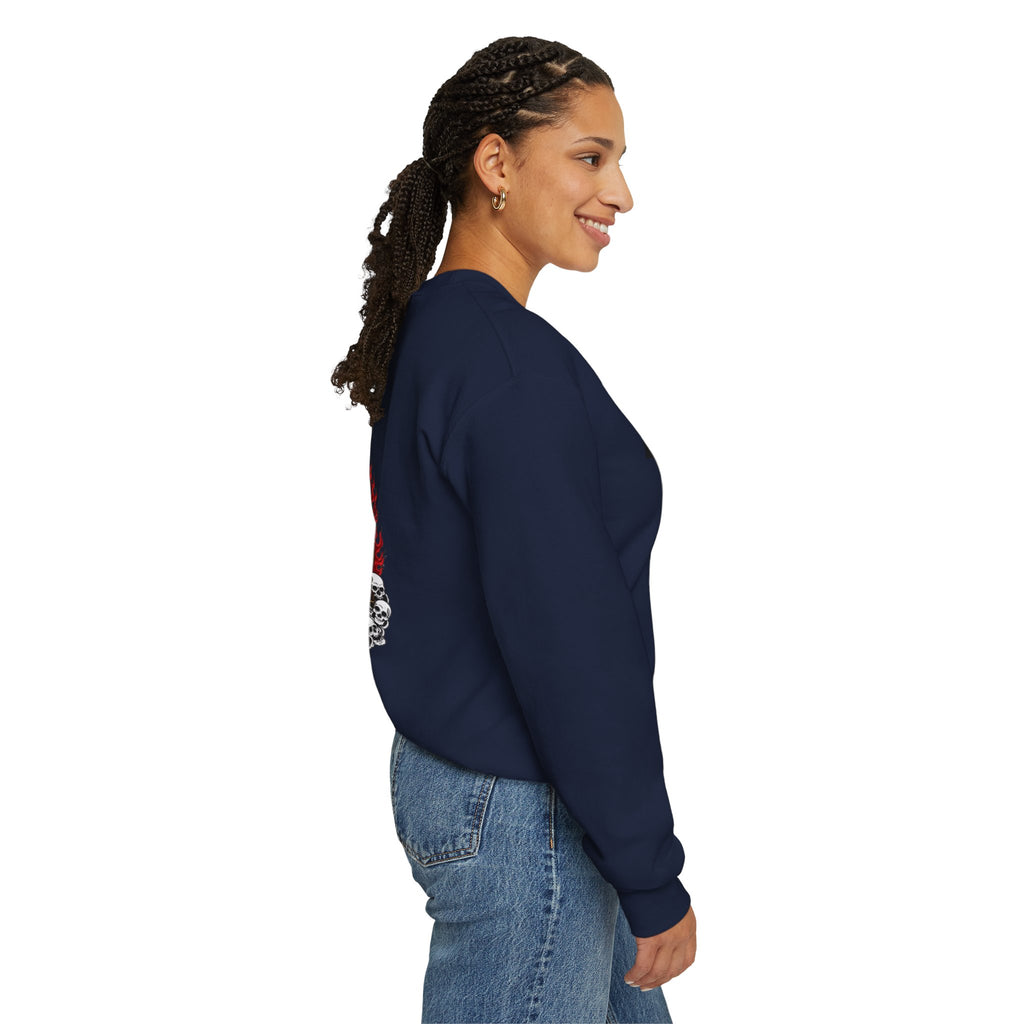 Tiger King Crewneck Sweatshirt — Flaming Tiger on Skulls Graphic