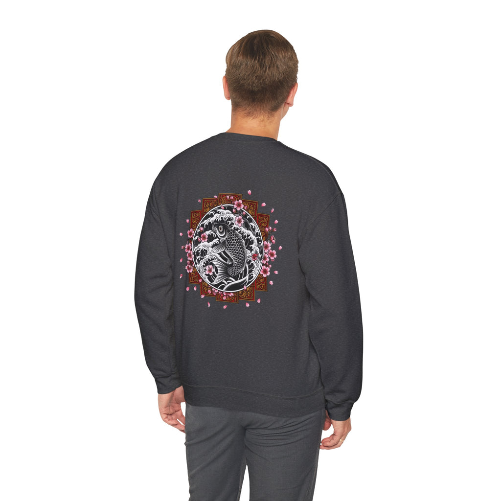 Crewneck Sweatshirt — Koi Fish Cherry Blossom Graphic Back, Minimal Front Logo
