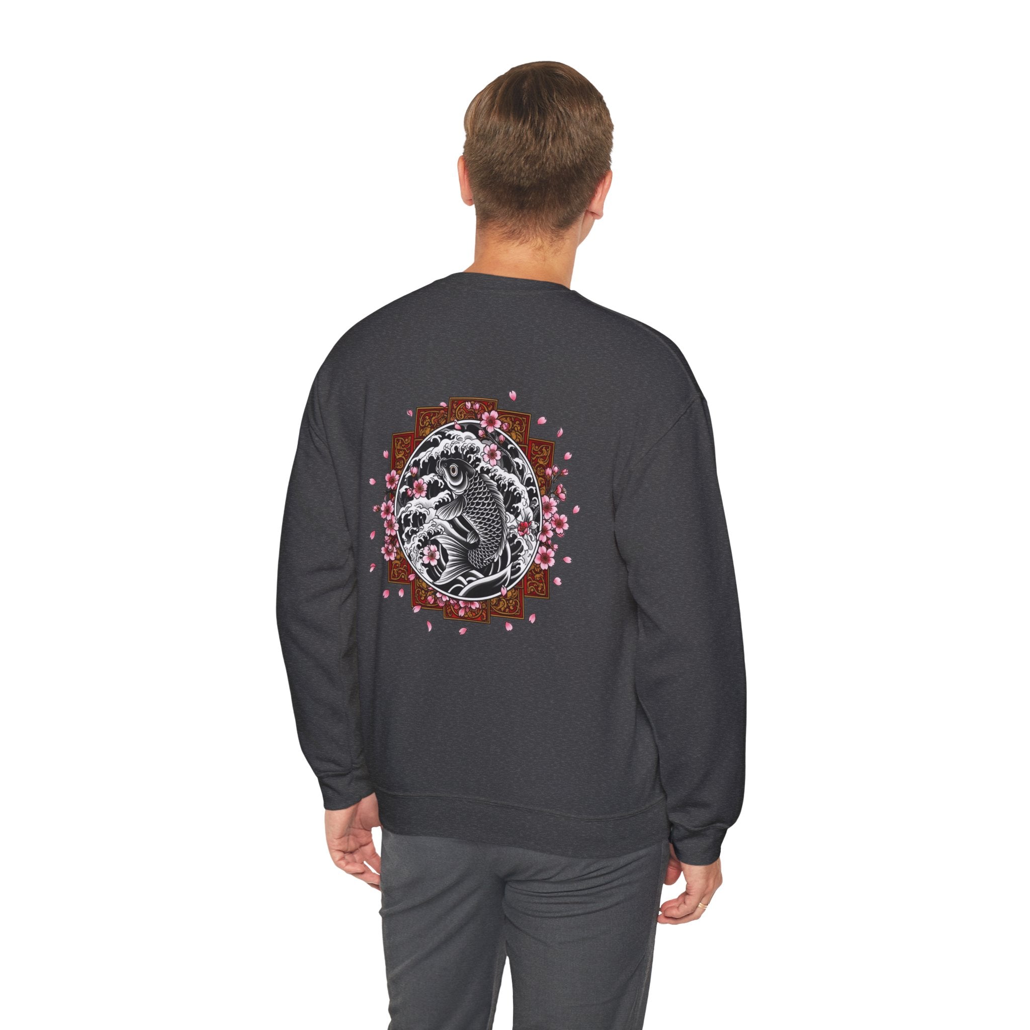 Crewneck Sweatshirt — Koi Fish Cherry Blossom Graphic Back, Minimal Front Logo