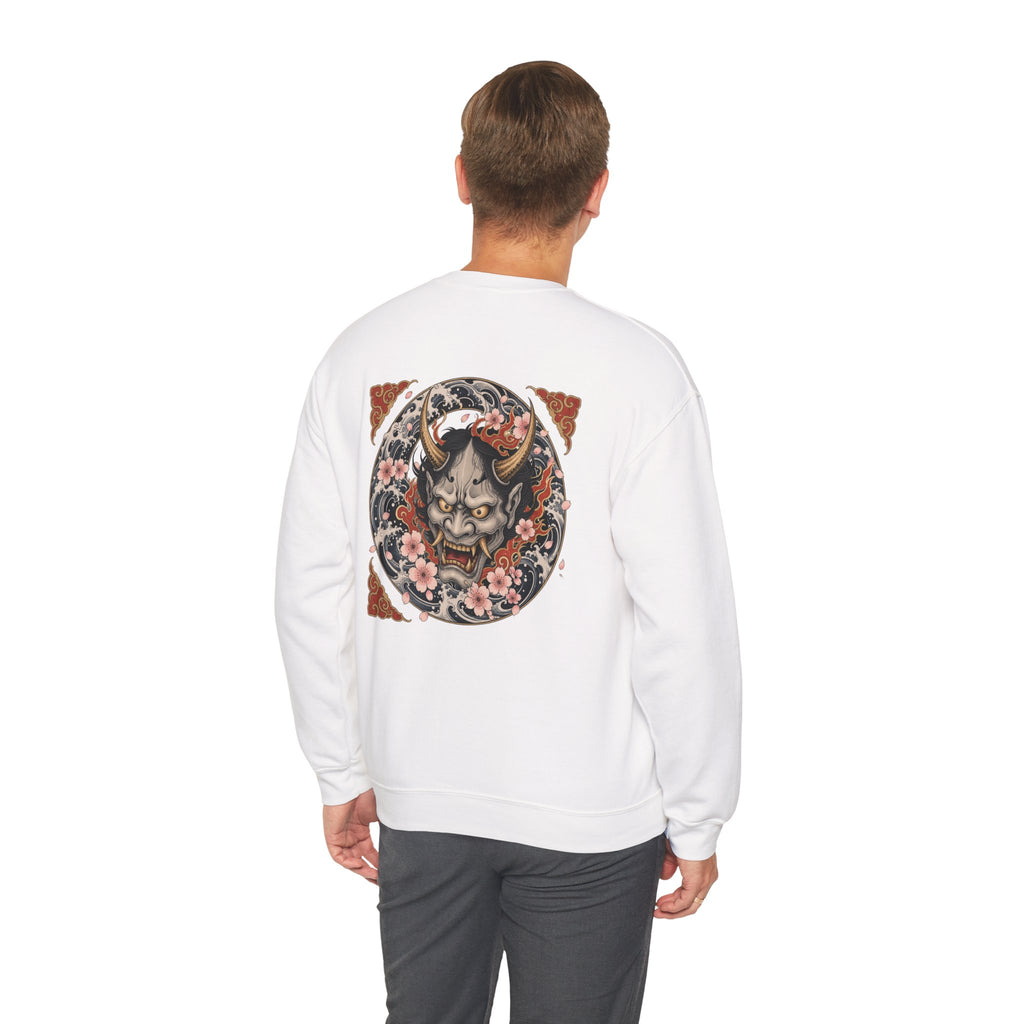 Hannya Mask Crewneck Sweatshirt — Japanese Demon Floral Back Print