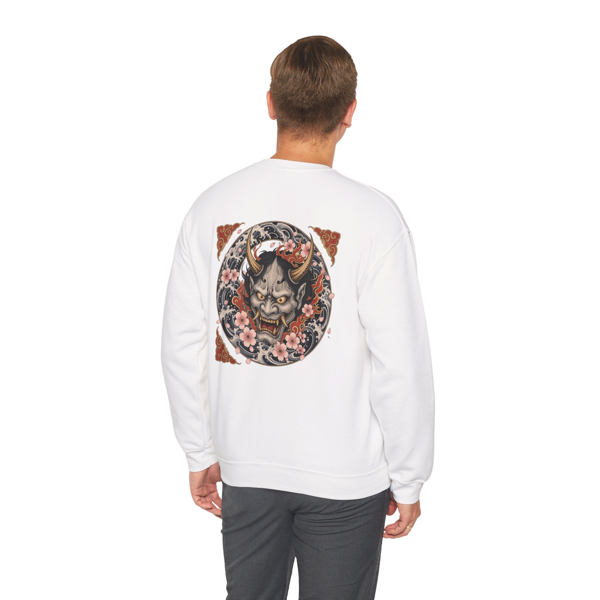 Hannya Mask Crewneck Sweatshirt — Japanese Demon Floral Back Print