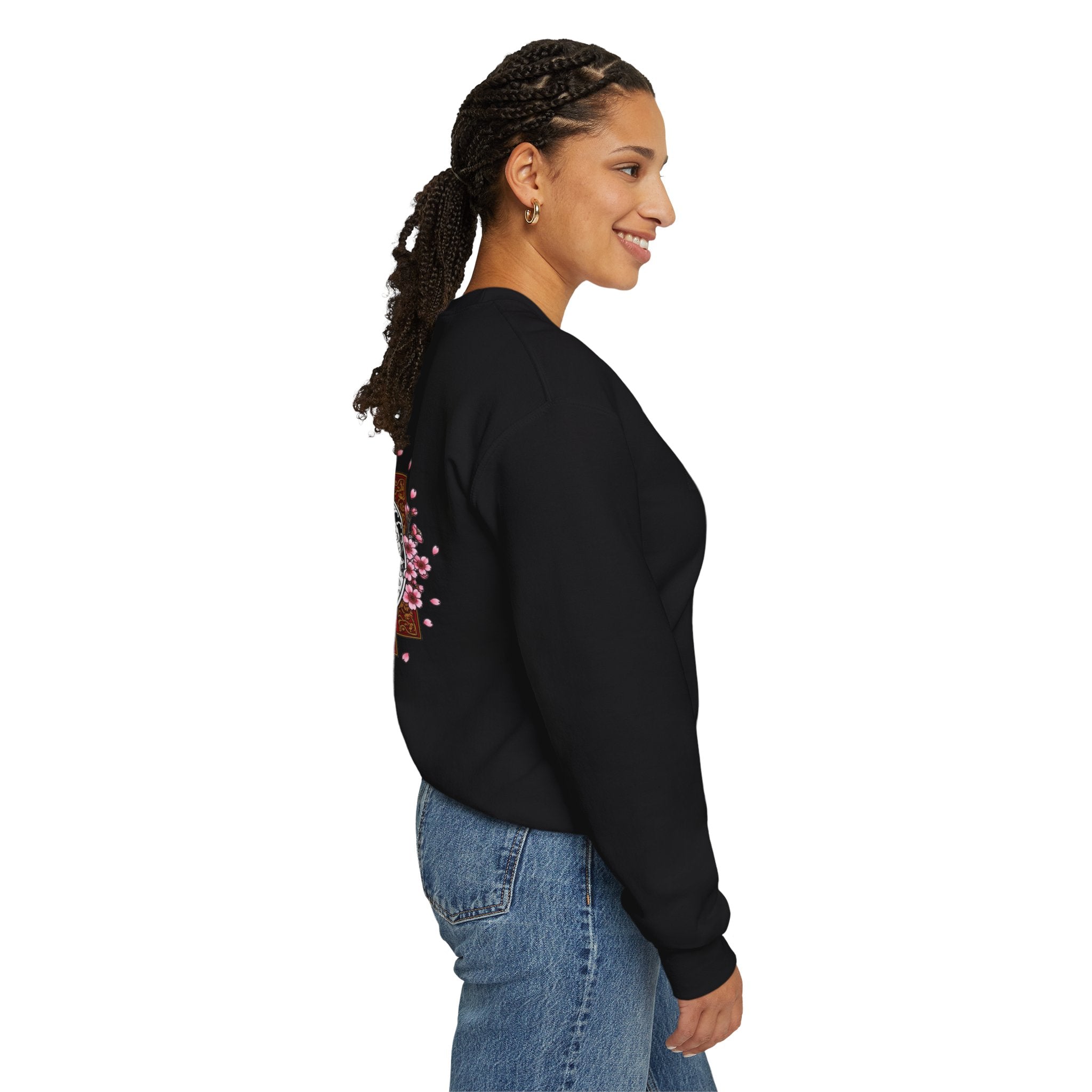 Crewneck Sweatshirt — Koi Fish Cherry Blossom Graphic Back, Minimal Front Logo